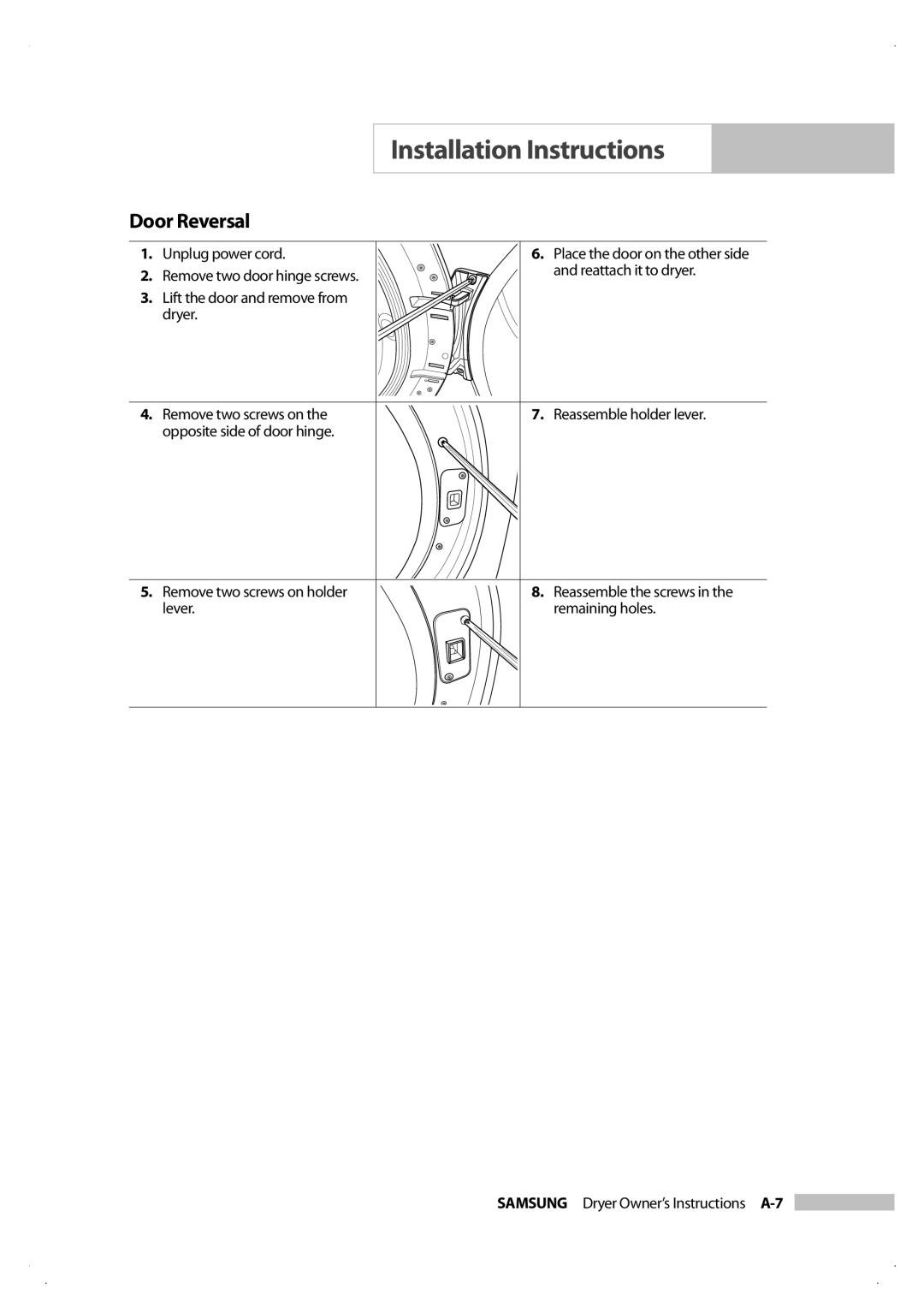 Samsung DV206LEW owner manual Door Reversal 