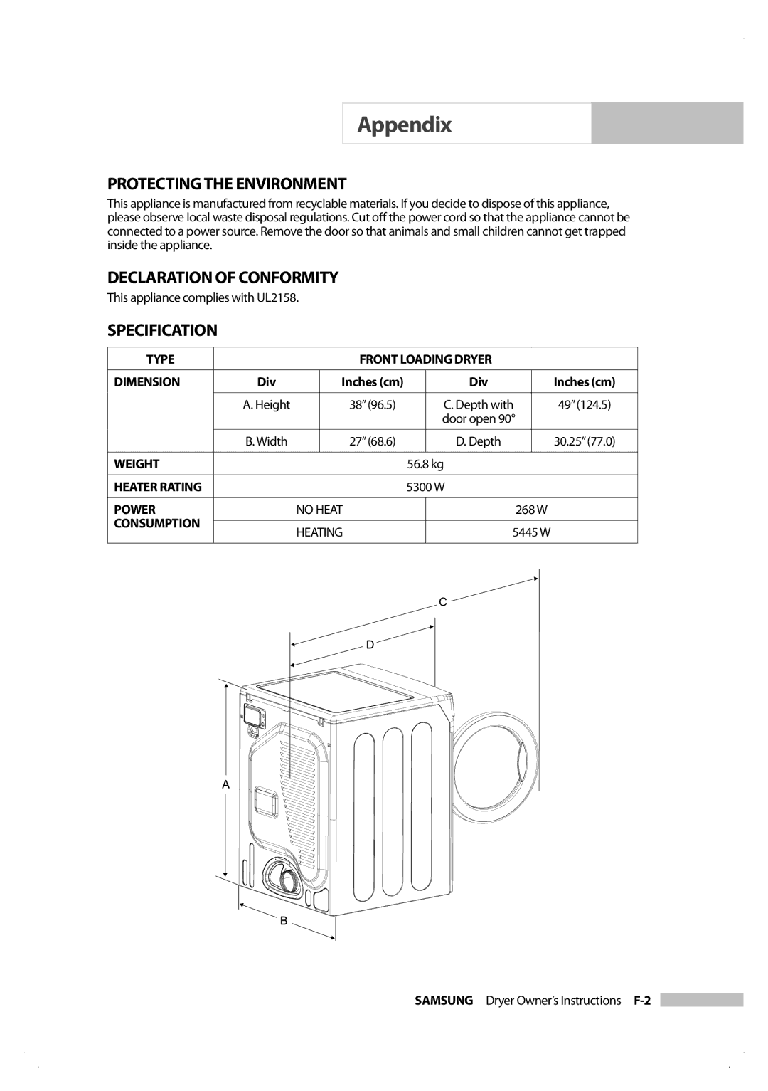 Samsung DV206LEW owner manual Protecting the Environment, Declaration of Conformity, Specification, Inches cm 