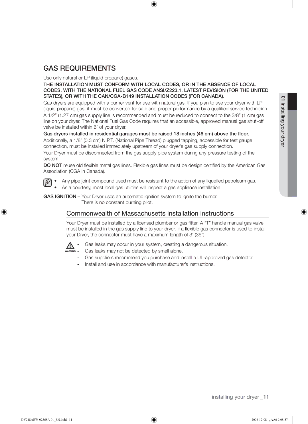 Samsung DV209 user manual GAS Requirements, Commonwealth of Massachusetts installation instructions 