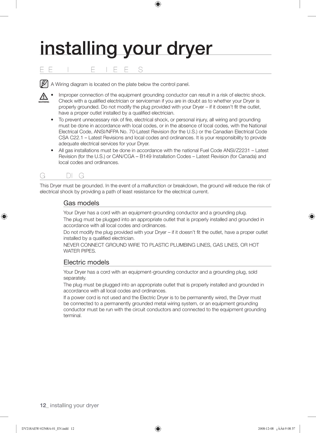 Samsung DV209 user manual Electrical Requirements, Grounding, Gas models, Electric models 