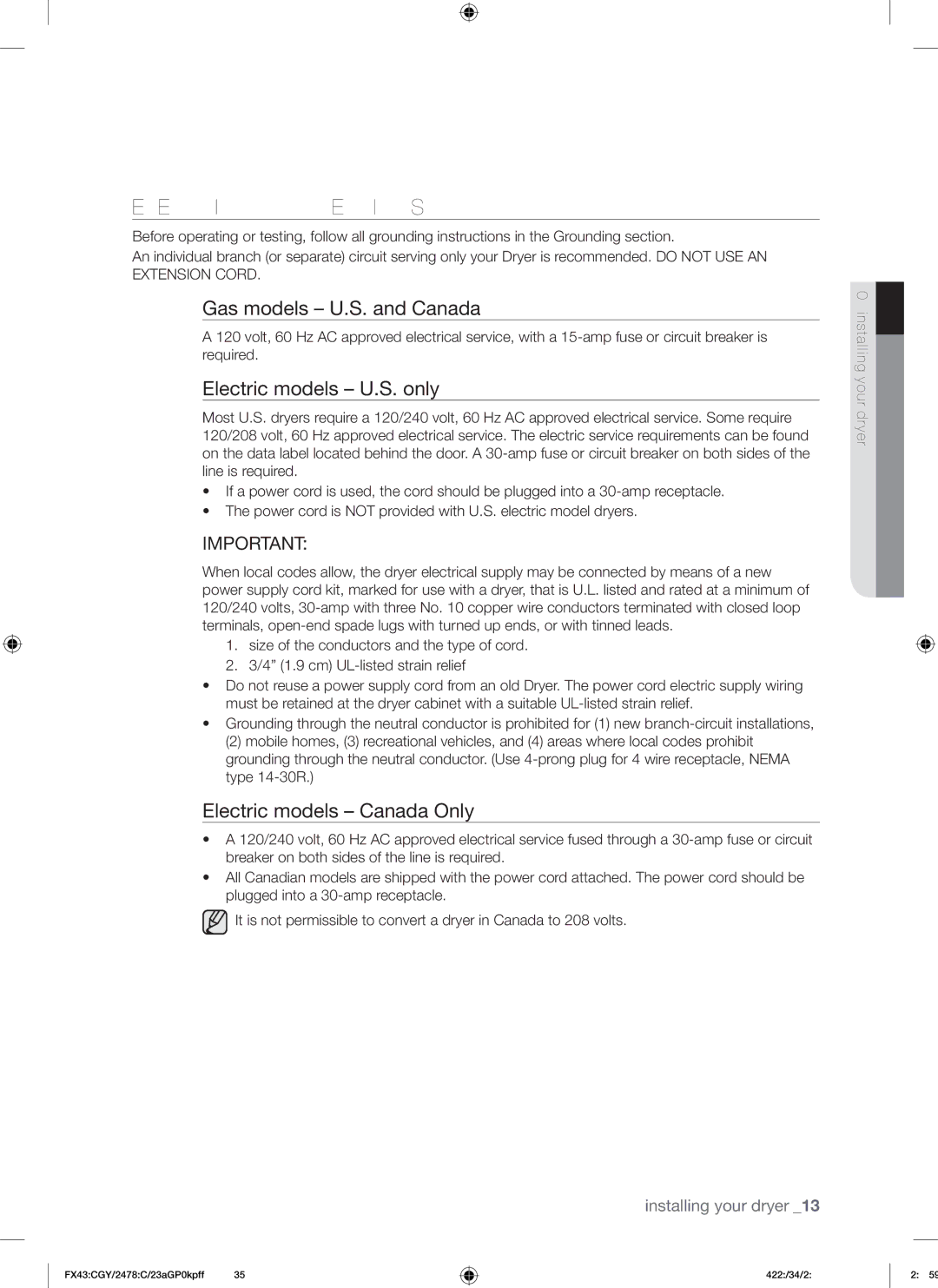 Samsung DV209 Electrical Connections, Gas models U.S. and Canada, Electric models U.S. only, Electric models Canada Only 