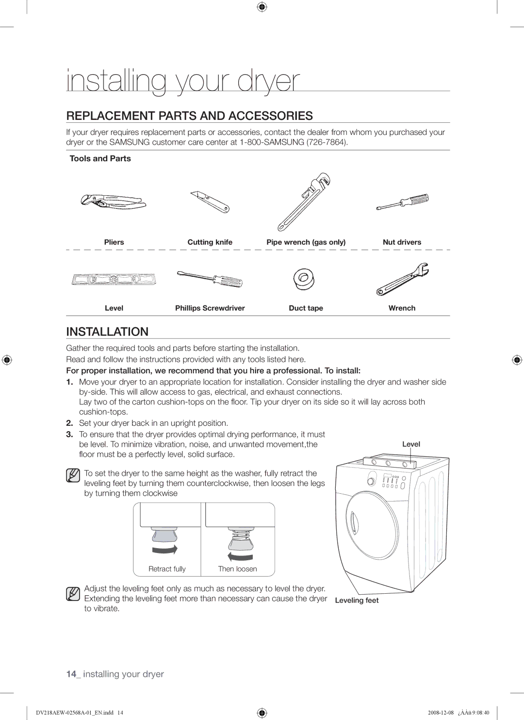 Samsung DV209 user manual Replacement Parts and Accessories, Installation, Tools and Parts 