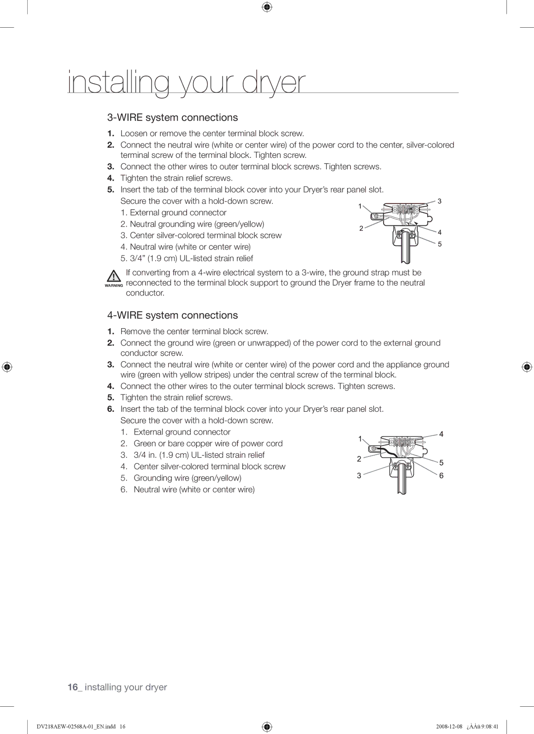 Samsung DV209 user manual Wire system connections 