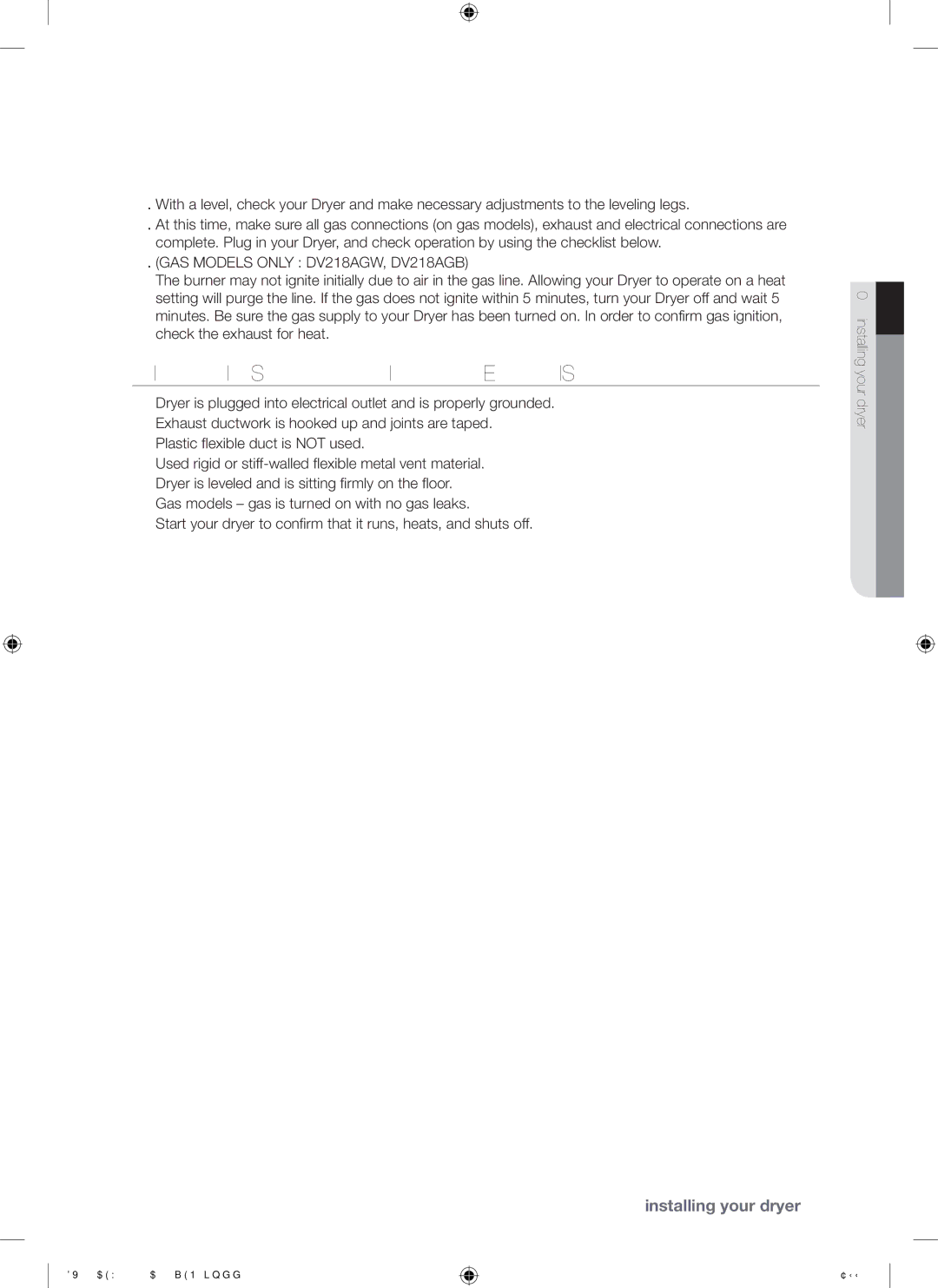 Samsung DV209 user manual Final Installation Checklist, GAS Models only DV218AGW, DV218AGB 