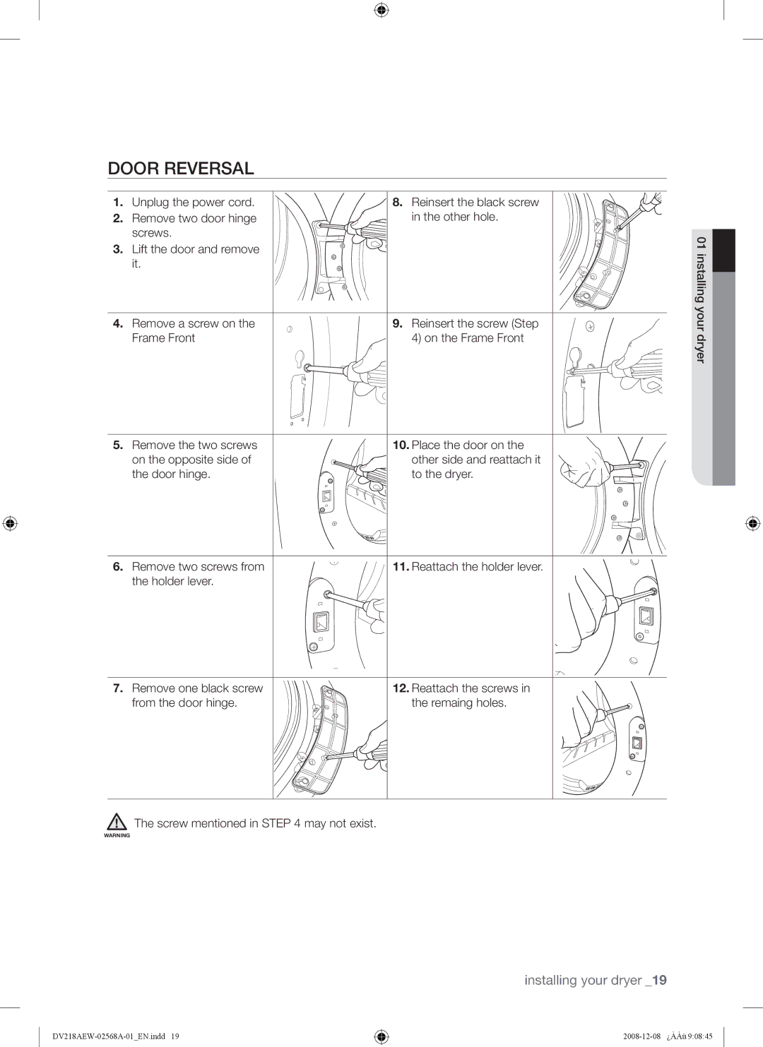 Samsung DV209 user manual Door Reversal 