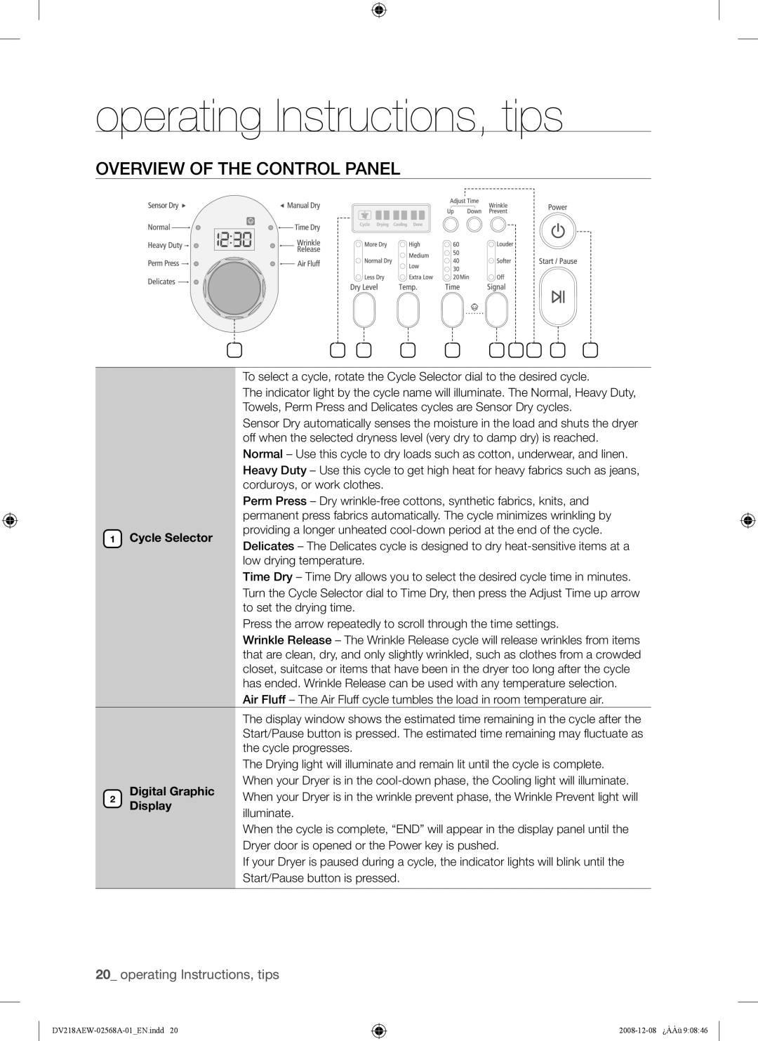 Samsung DV209 Operating Instructions, tips, Overview of the Control Panel, Cycle Selector, Digital Graphic, Display 