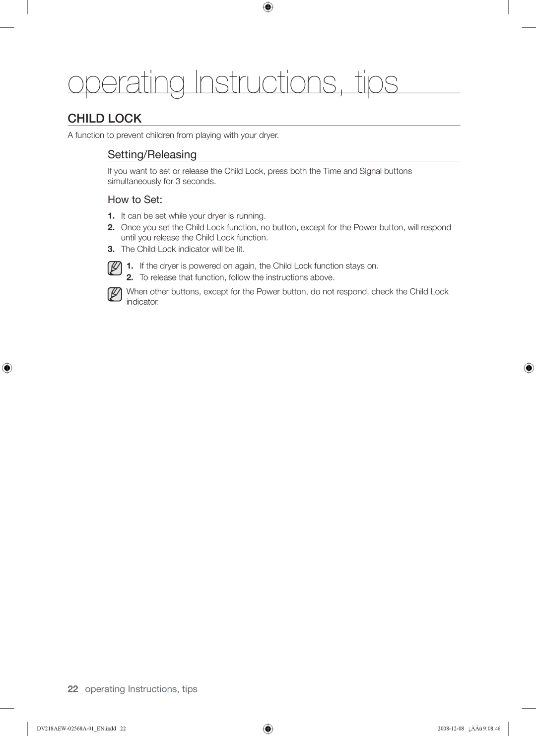 Samsung DV209 user manual Child Lock, Setting/Releasing 