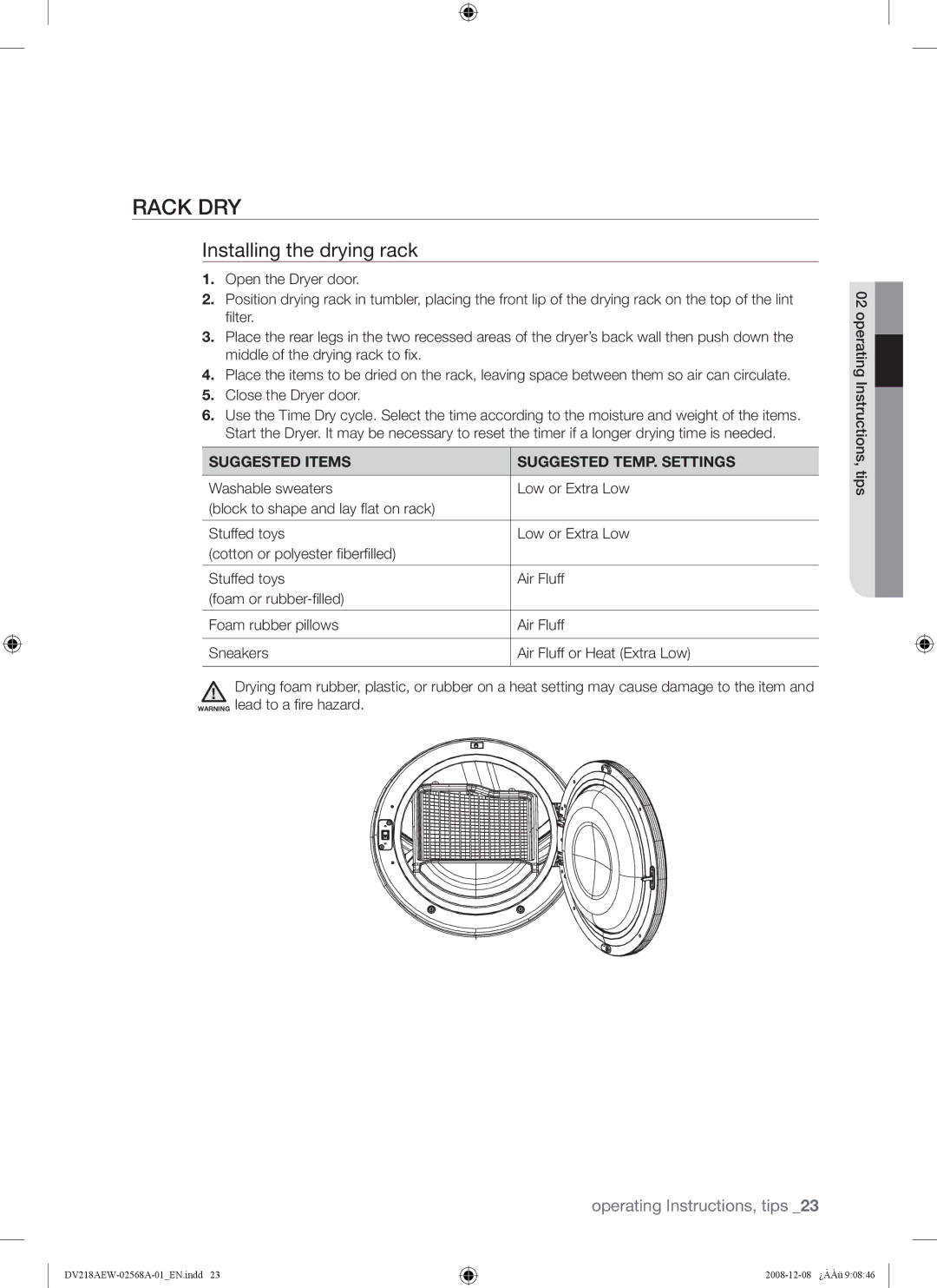 Samsung DV209 user manual Rack DRY, Installing the drying rack, Suggested Items Suggested TEMP. Settings 