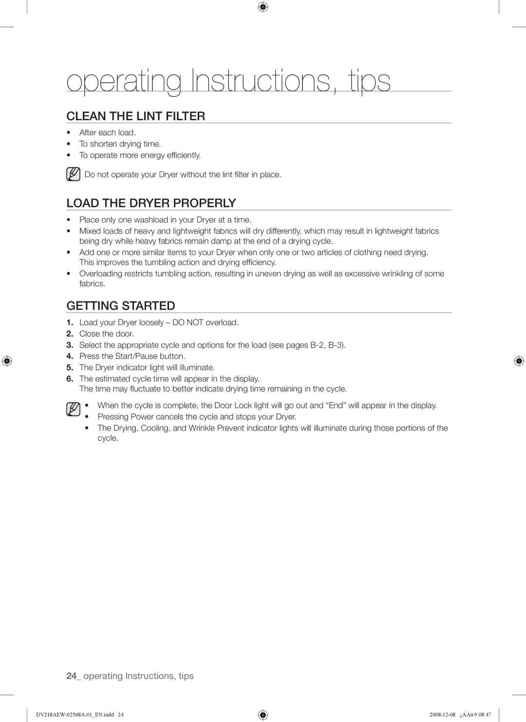 Samsung DV209 user manual Clean the Lint Filter, Load the Dryer Properly, Getting Started 