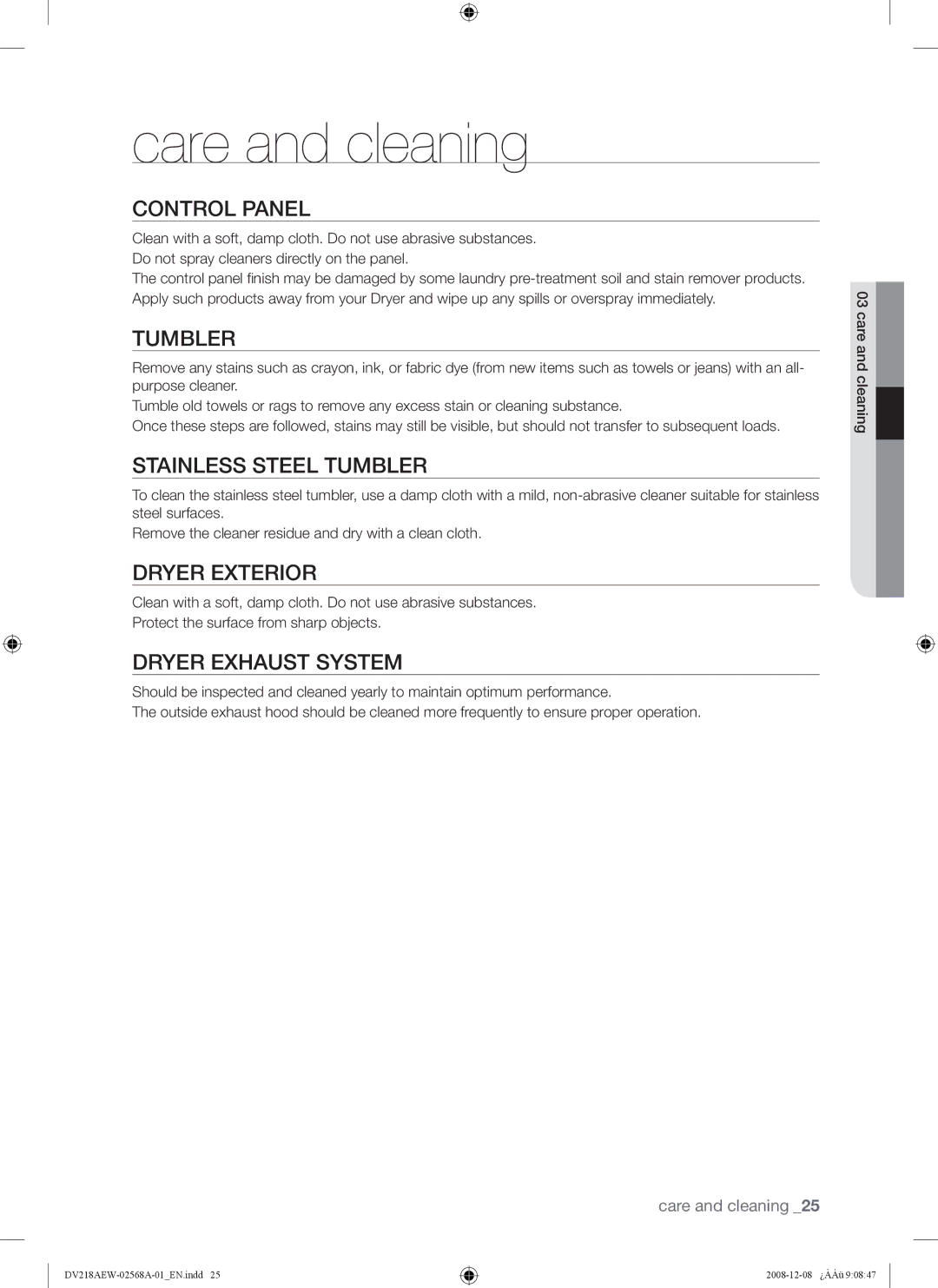 Samsung DV209 user manual Care and cleaning 