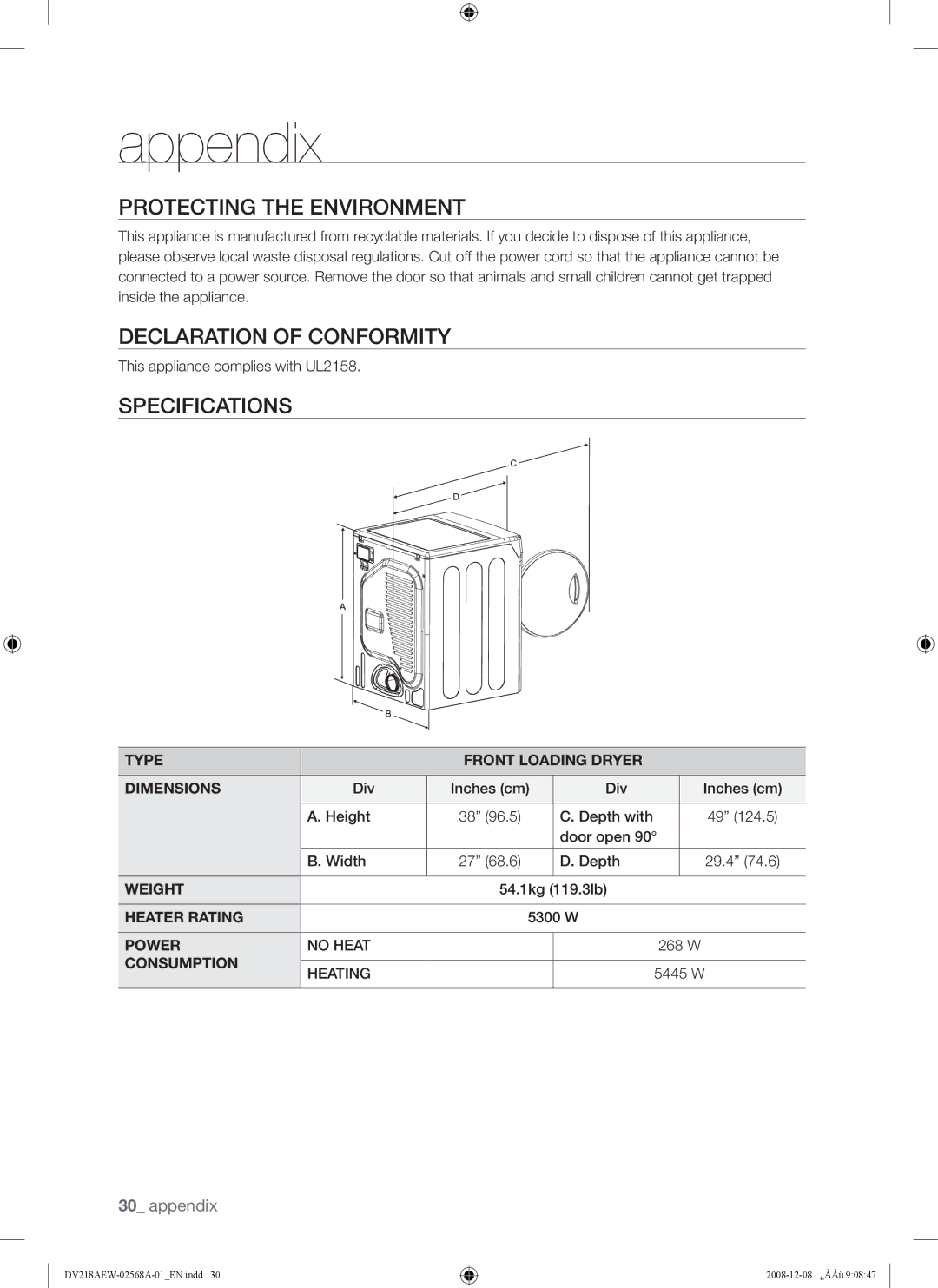 Samsung DV209 user manual Protecting the Environment, Declaration of Conformity, Specifications 