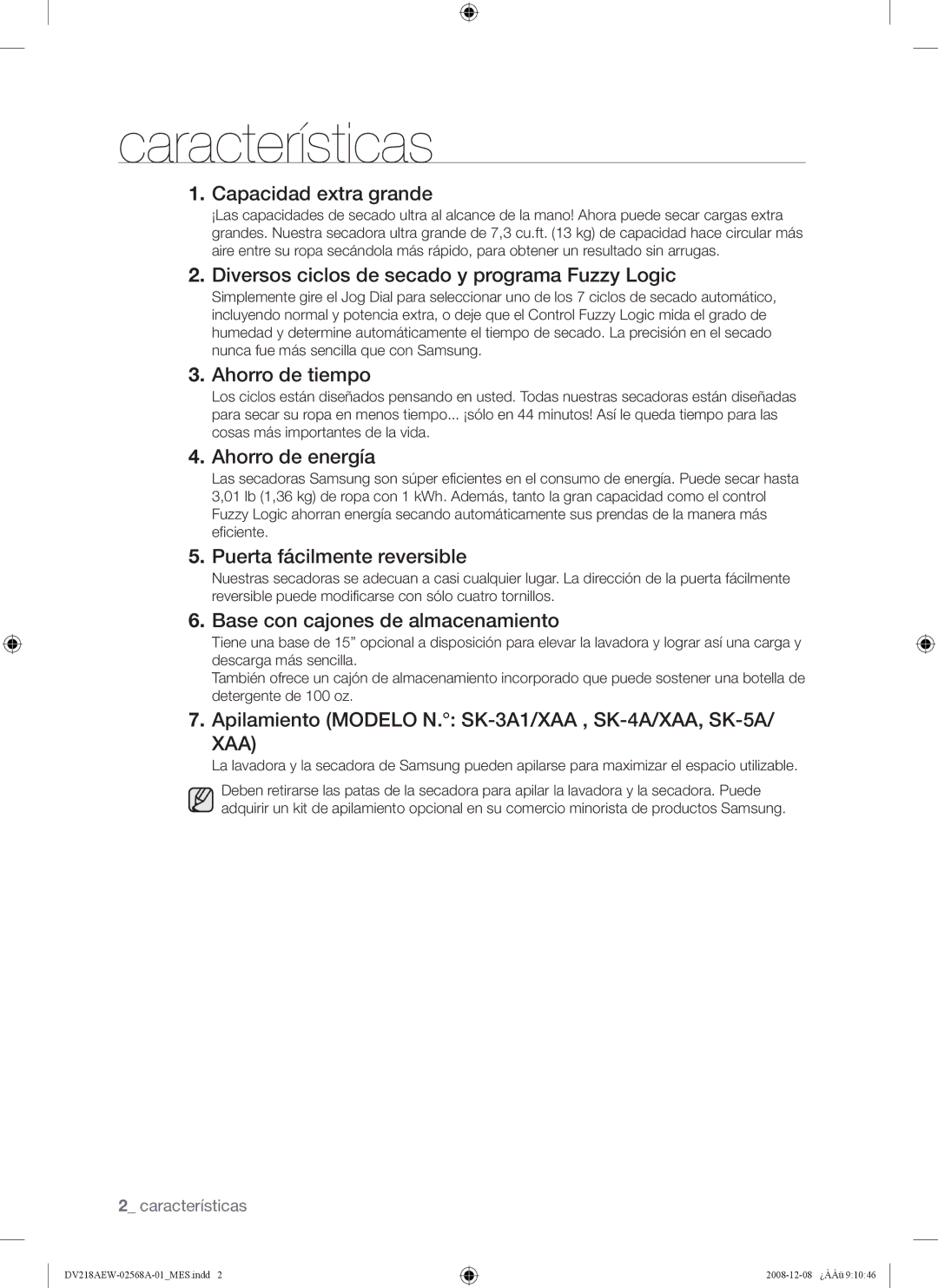 Samsung DV209 user manual Características 