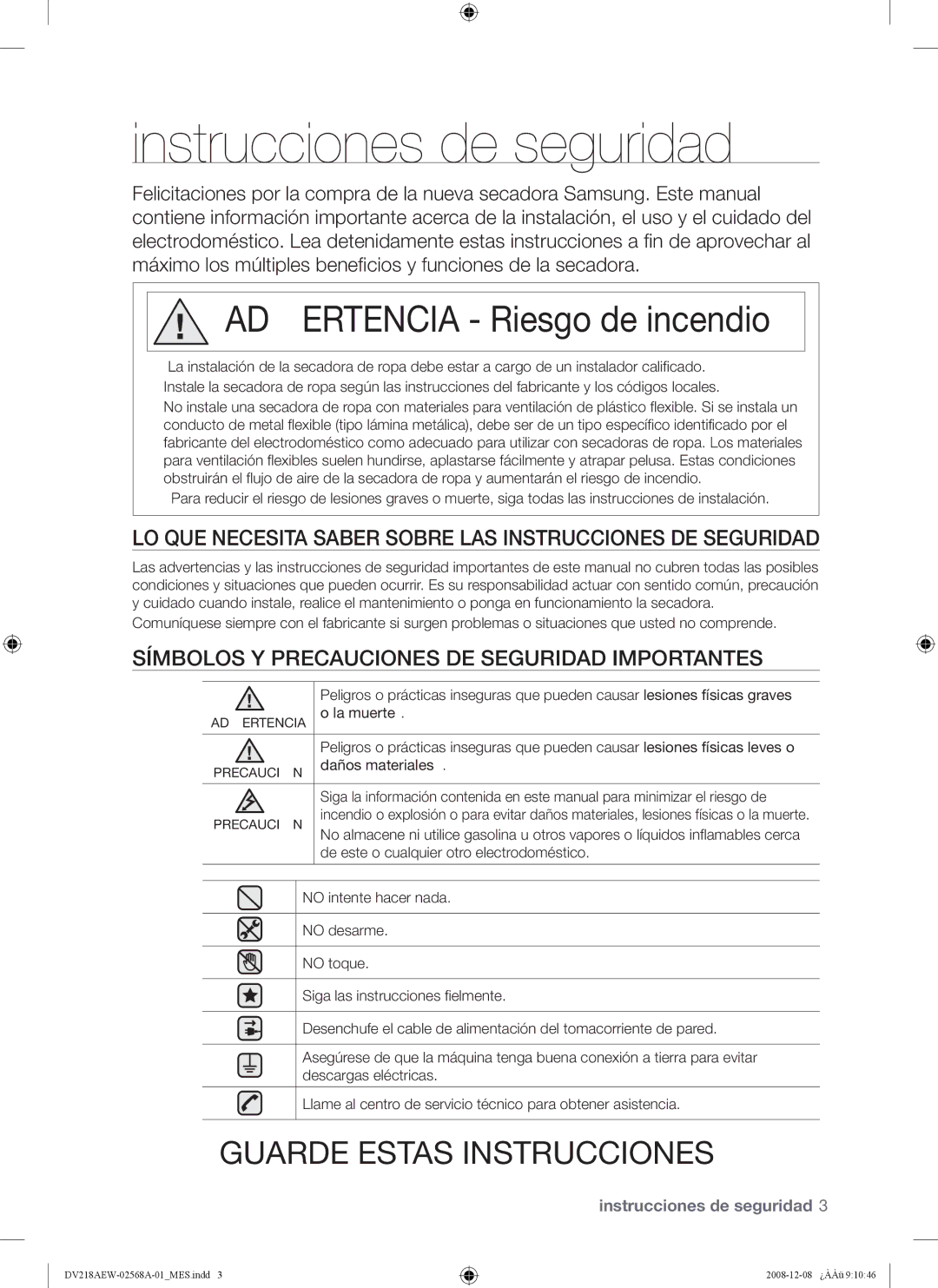 Samsung DV209 user manual Instrucciones de seguridad, LO QUE Necesita Saber Sobre LAS Instrucciones DE Seguridad, La muerte 