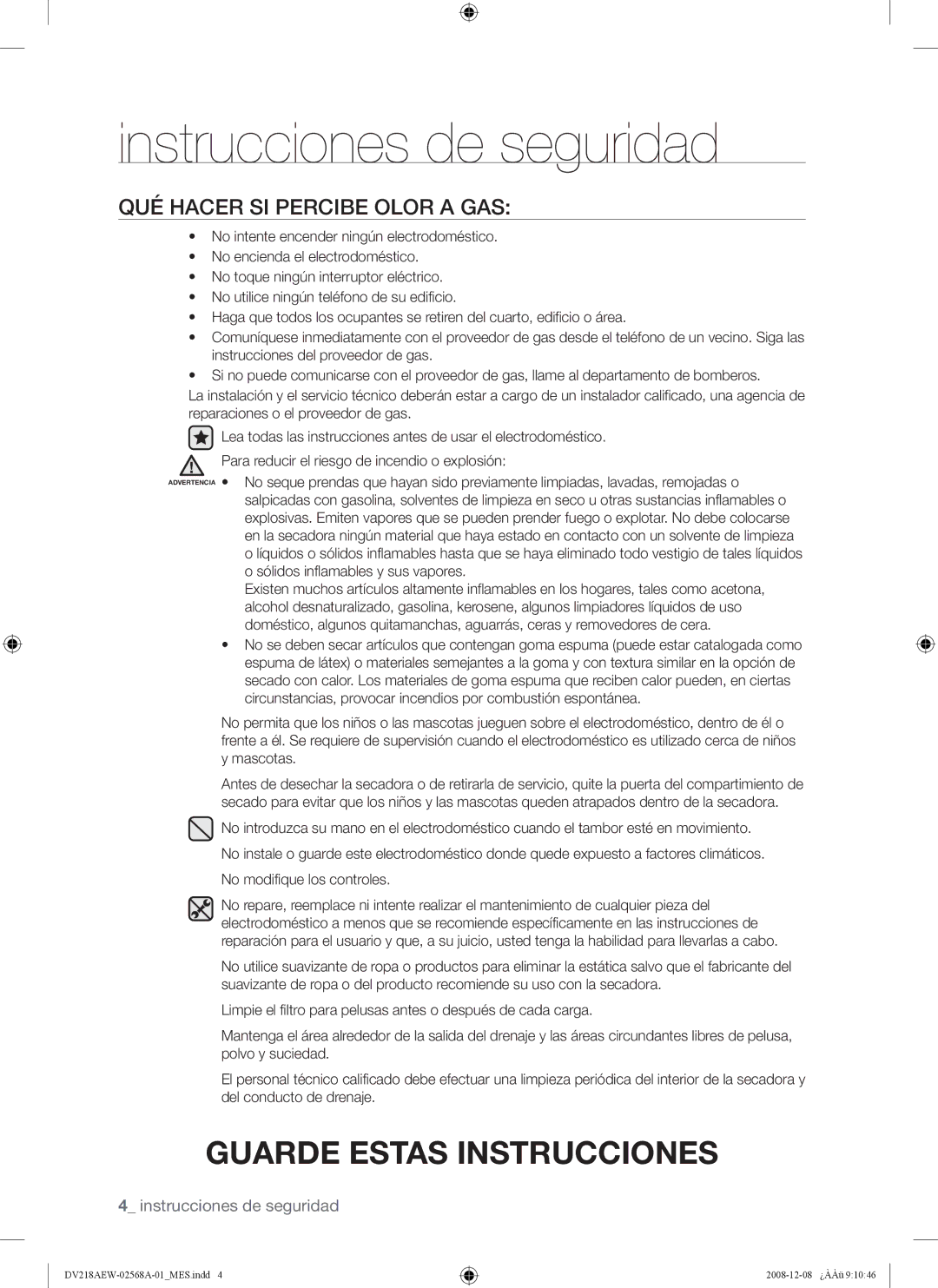 Samsung DV209 user manual QUÉ Hacer SI Percibe Olor a GAS 