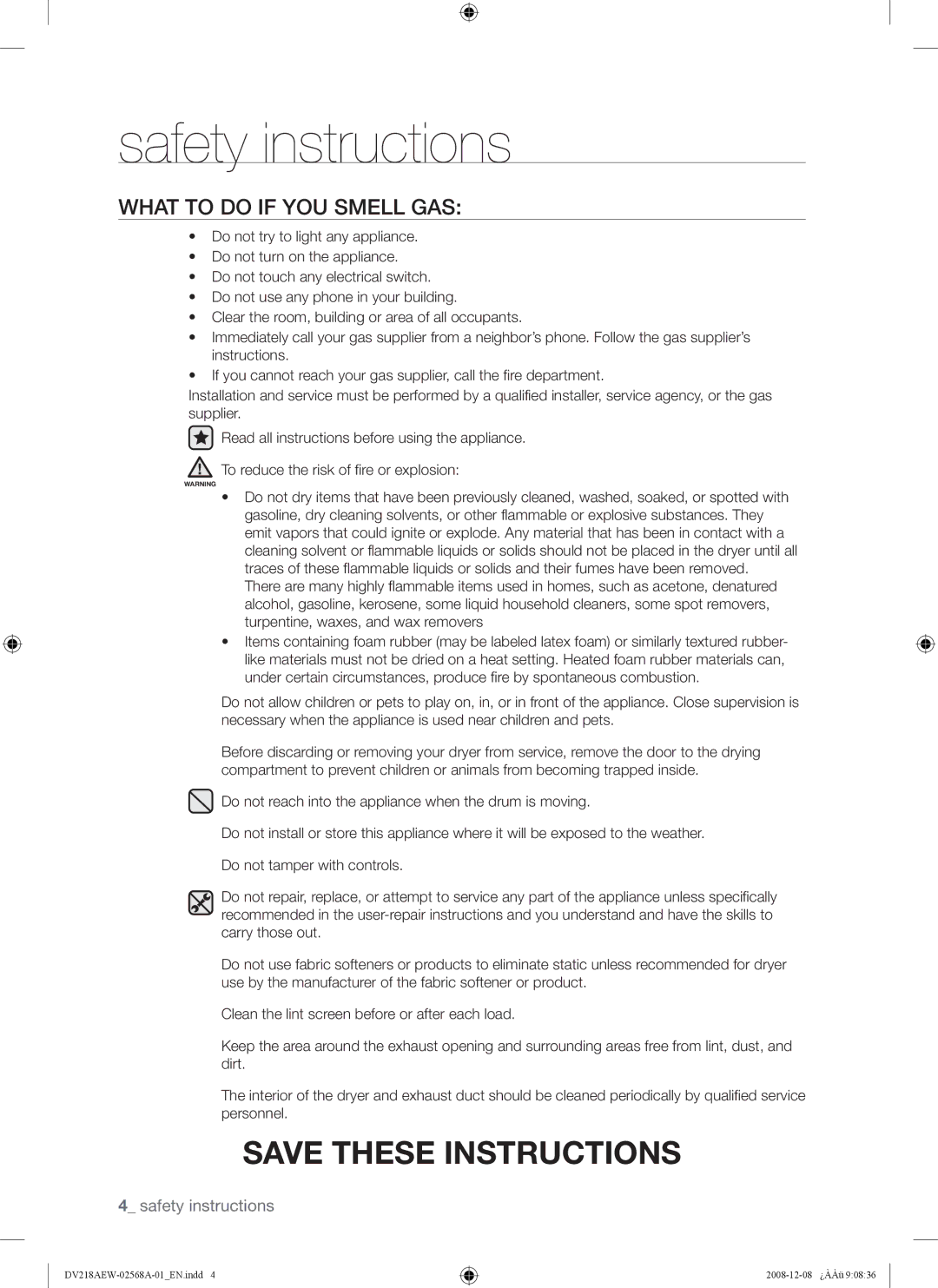 Samsung DV209 user manual What to do if YOU Smell GAS 