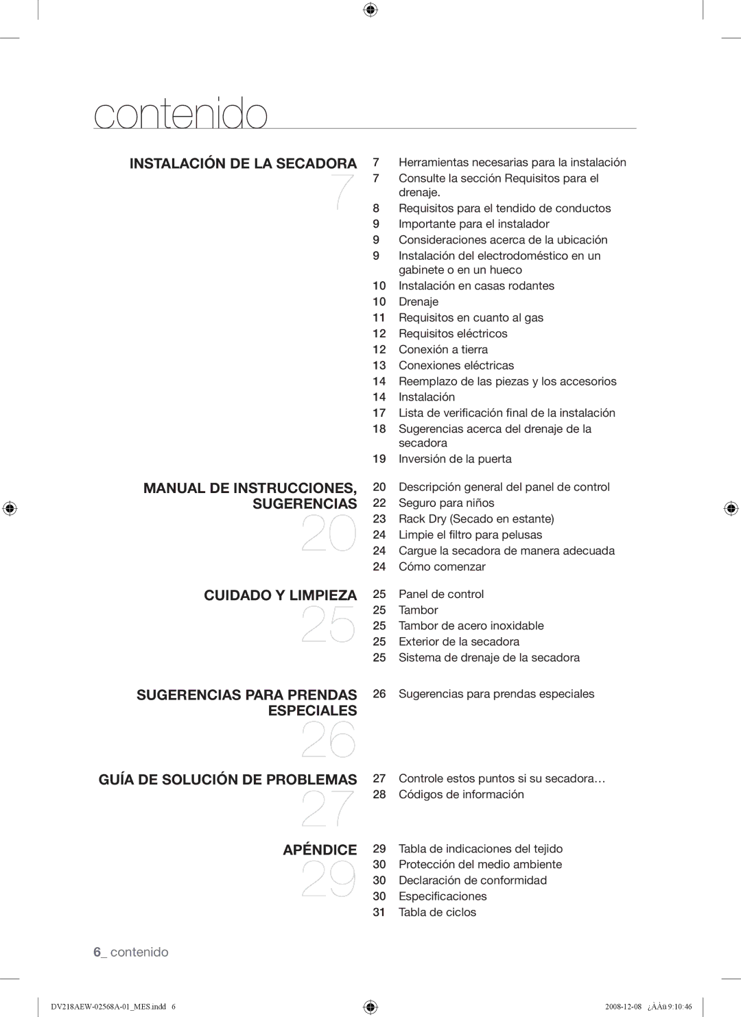 Samsung DV209 user manual Contenido, Instalación DE LA Secadora 