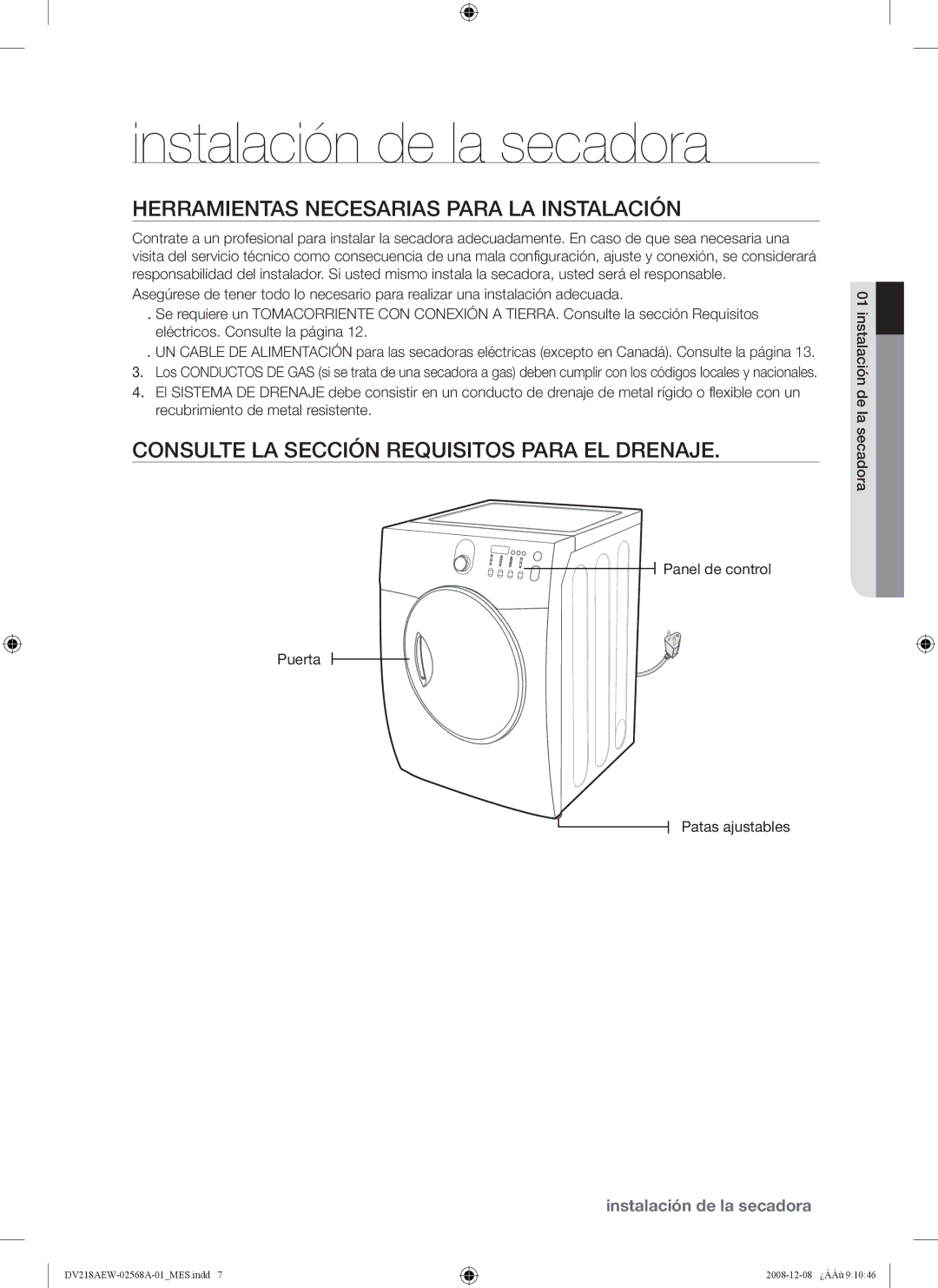 Samsung DV209 user manual Instalación de la secadora, Herramientas Necesarias Para LA Instalación 