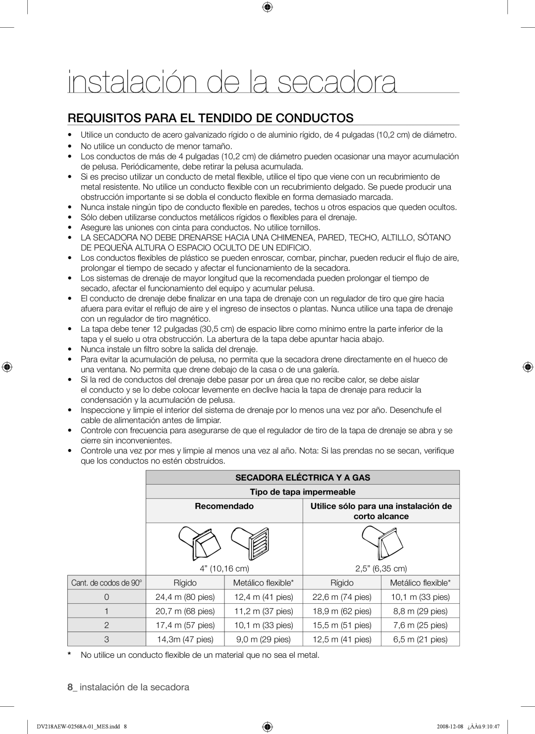 Samsung DV209 user manual Requisitos Para EL Tendido DE Conductos, Secadora Eléctrica Y a GAS 