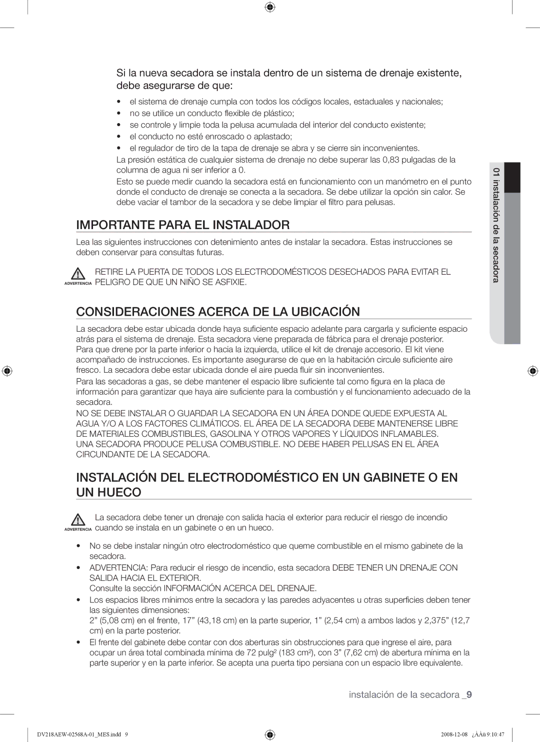 Samsung DV209 user manual Importante Para EL Instalador, Consideraciones Acerca DE LA Ubicación 