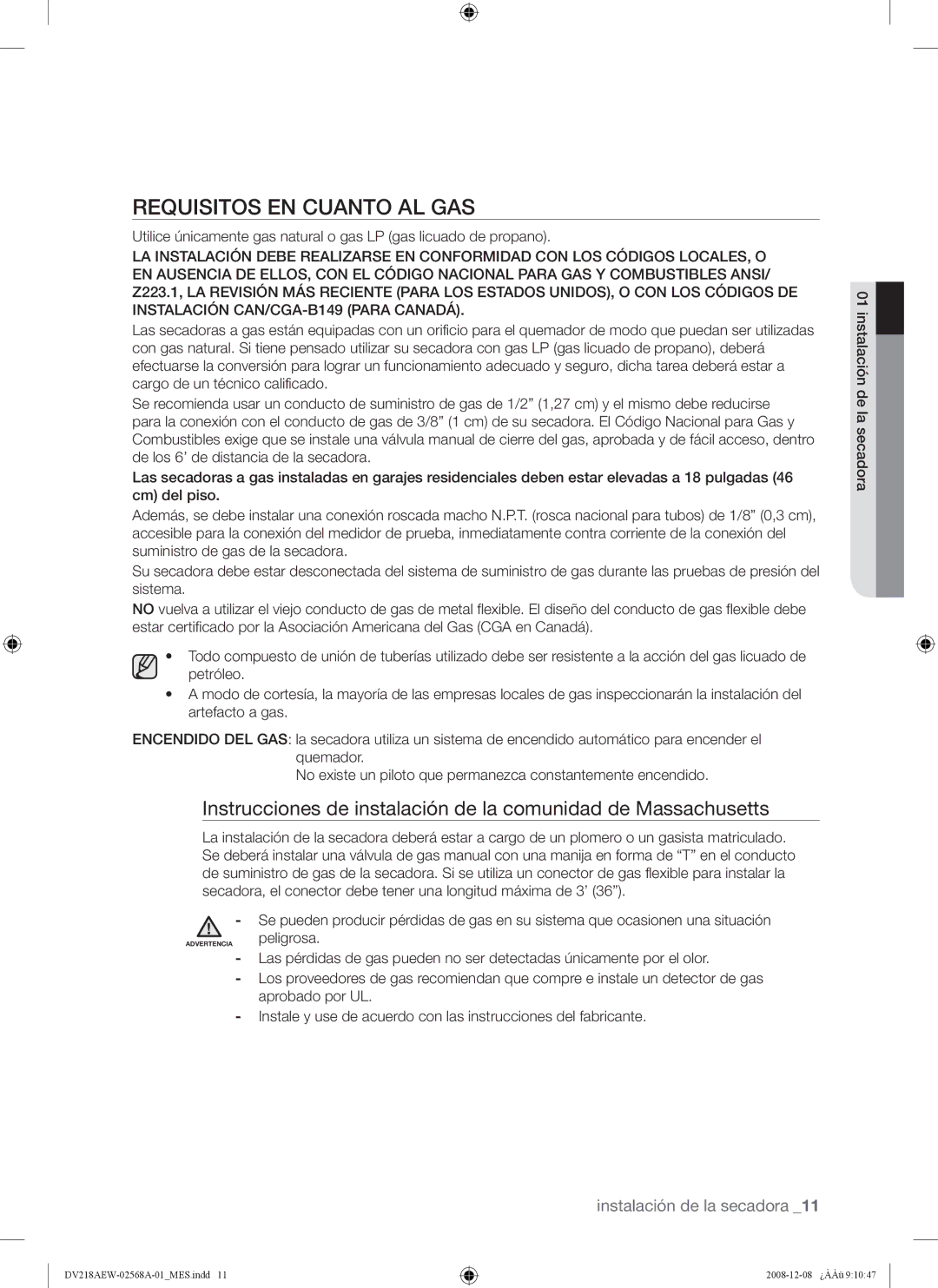 Samsung DV209 user manual Requisitos EN Cuanto AL GAS 