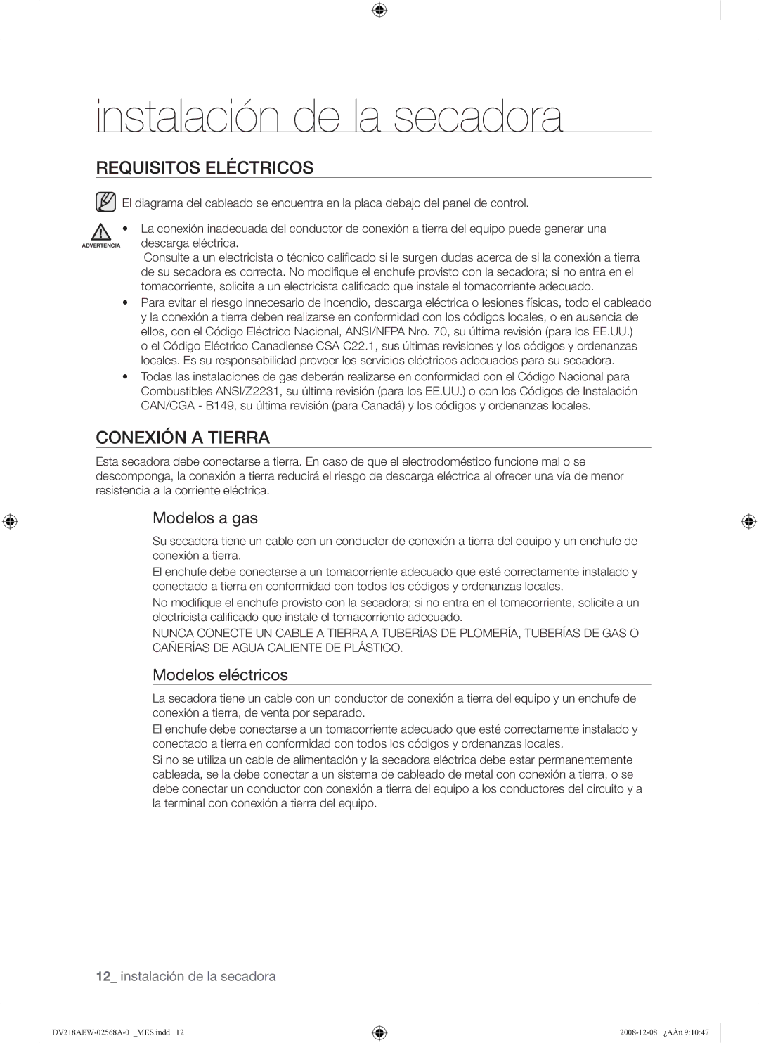 Samsung DV209 user manual Requisitos Eléctricos, Conexión a Tierra, Modelos a gas, Modelos eléctricos 