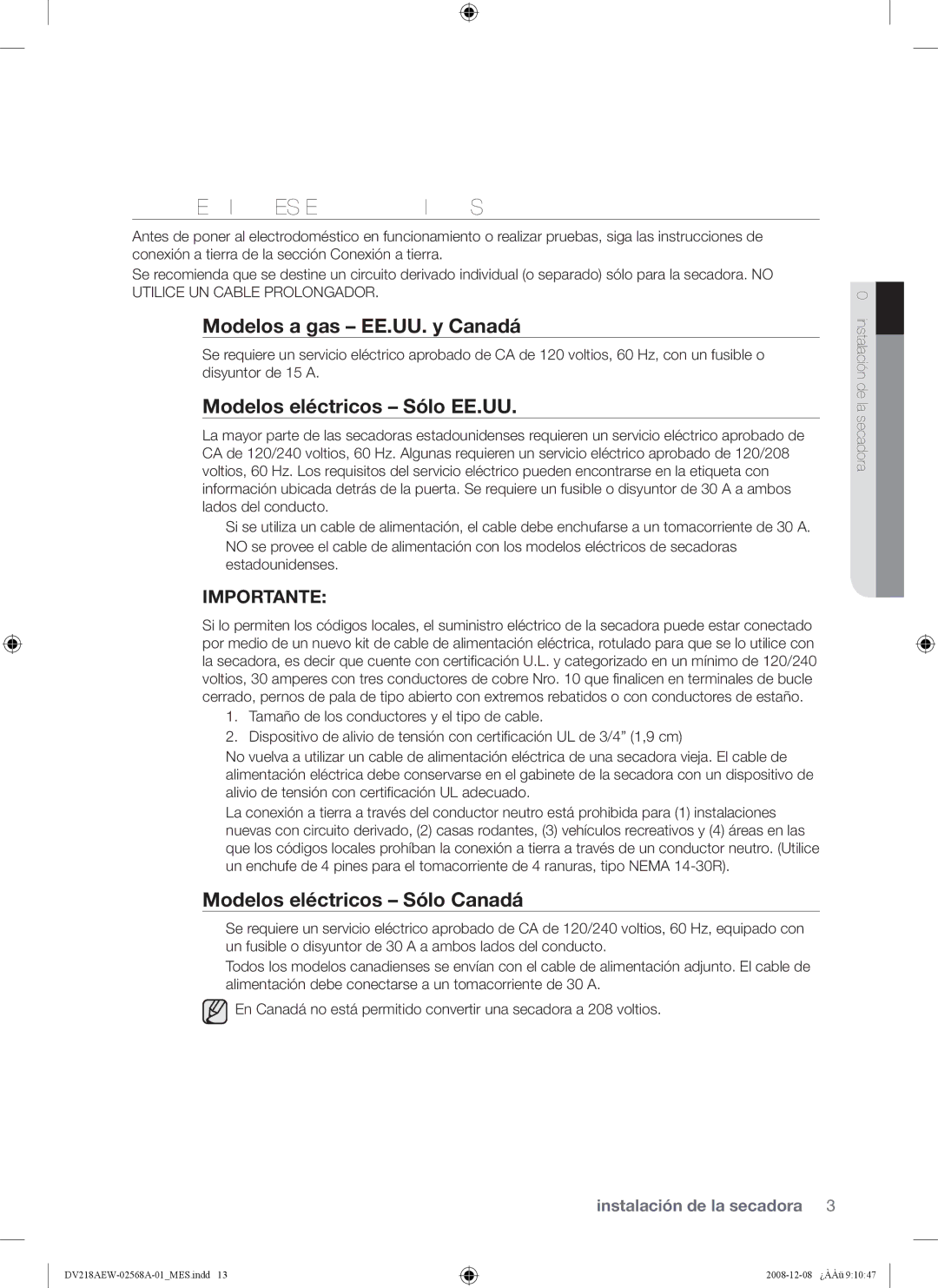 Samsung DV209 user manual Conexiones Eléctricas, Modelos a gas EE.UU. y Canadá, Modelos eléctricos Sólo EE.UU 