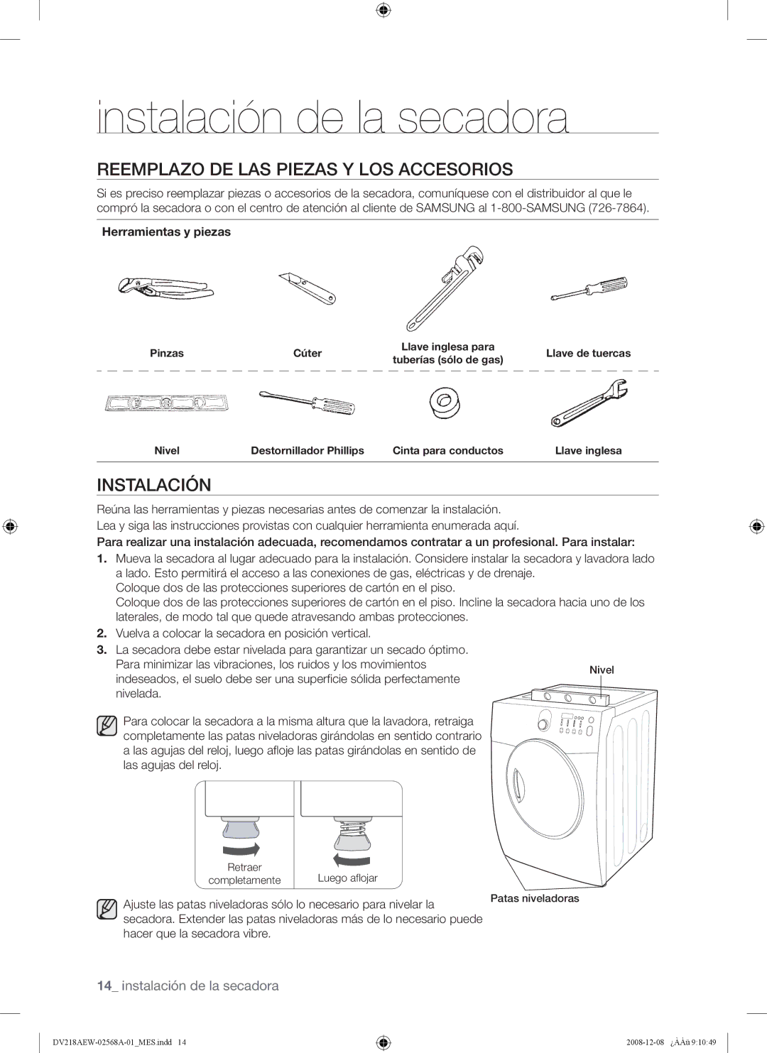 Samsung DV209 user manual Reemplazo DE LAS Piezas Y LOS Accesorios, Instalación, Herramientas y piezas 