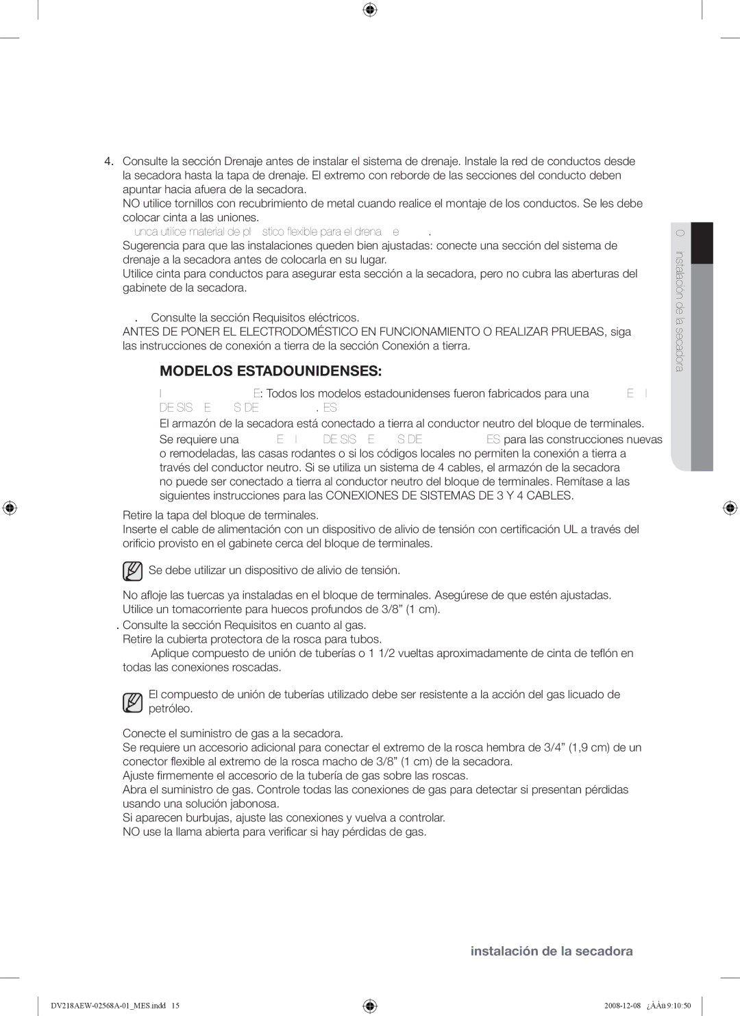 Samsung DV209 user manual Modelos Estadounidenses 