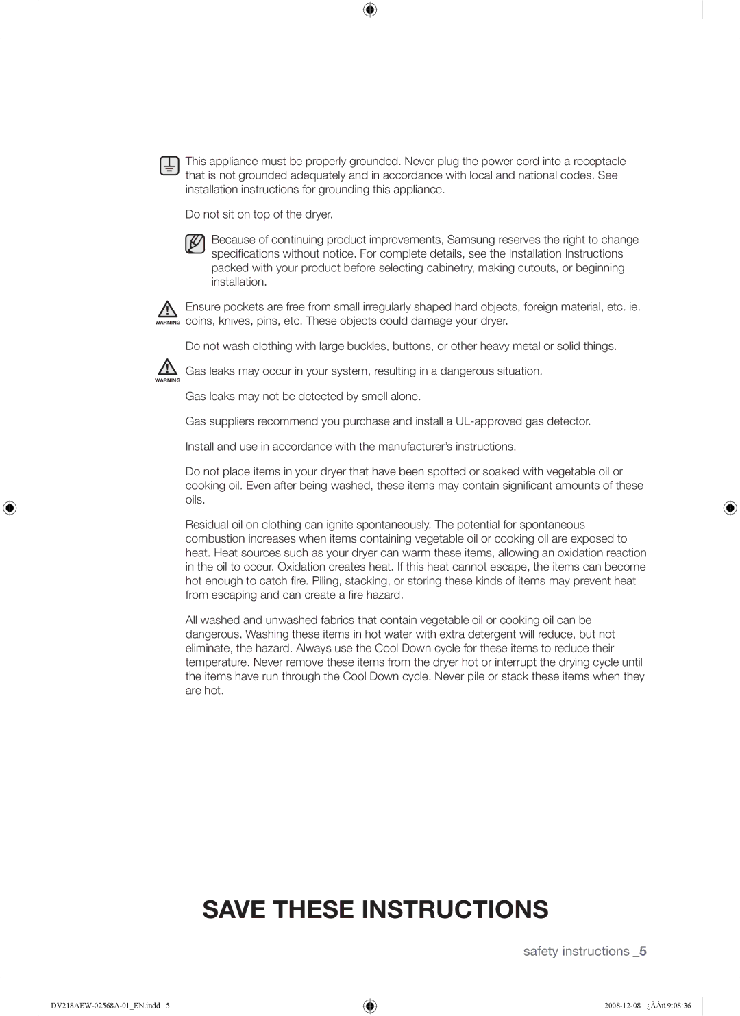 Samsung DV209 user manual Safety instructions 