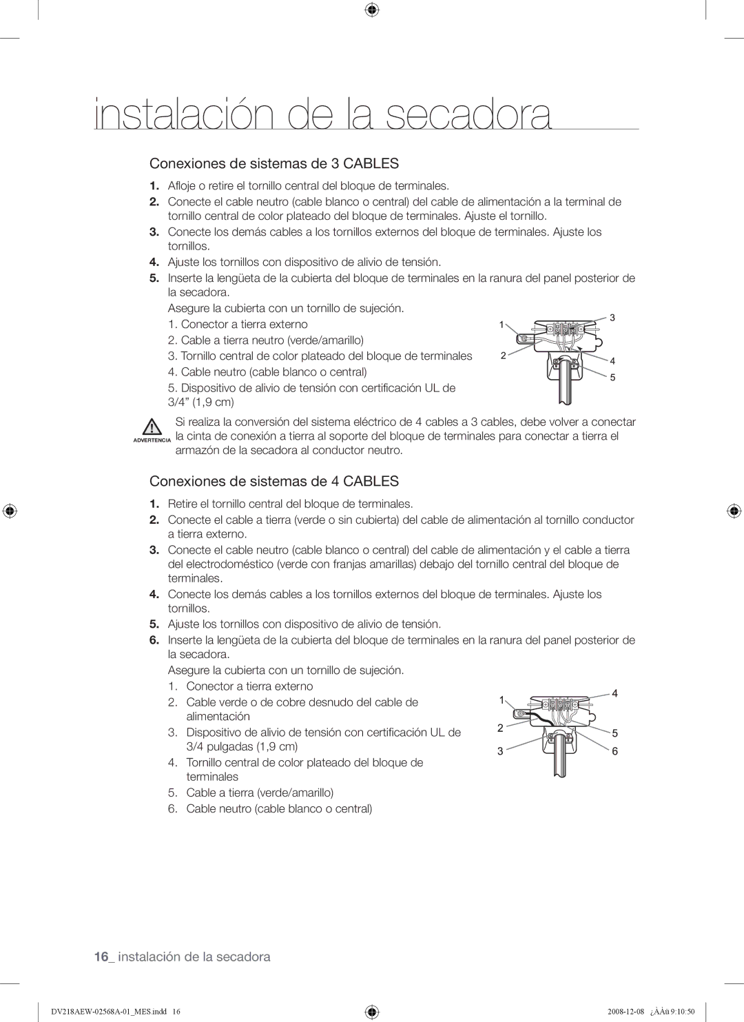 Samsung DV209 user manual Conexiones de sistemas de 3 Cables 