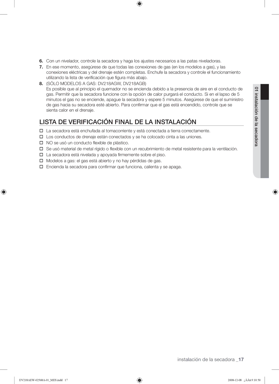 Samsung DV209 user manual Lista DE Verificación Final DE LA Instalación, Sólo Modelos a GAS DV218AGW, DV218AGB 