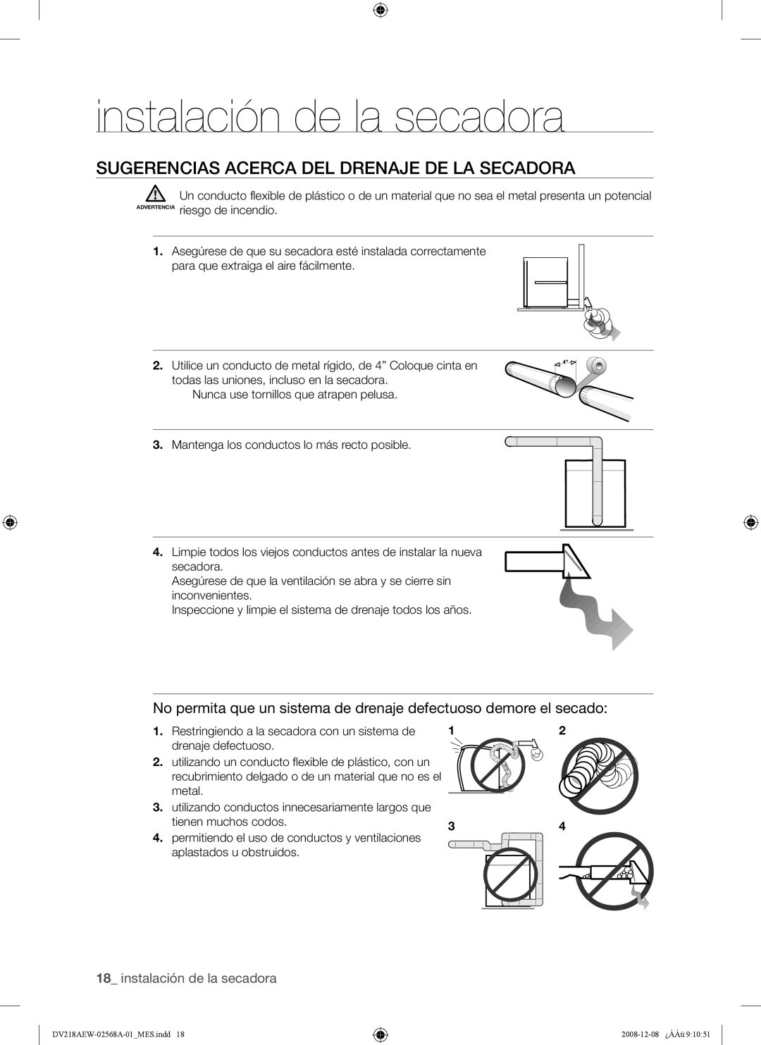 Samsung DV209 user manual Sugerencias Acerca DEL Drenaje DE LA Secadora 