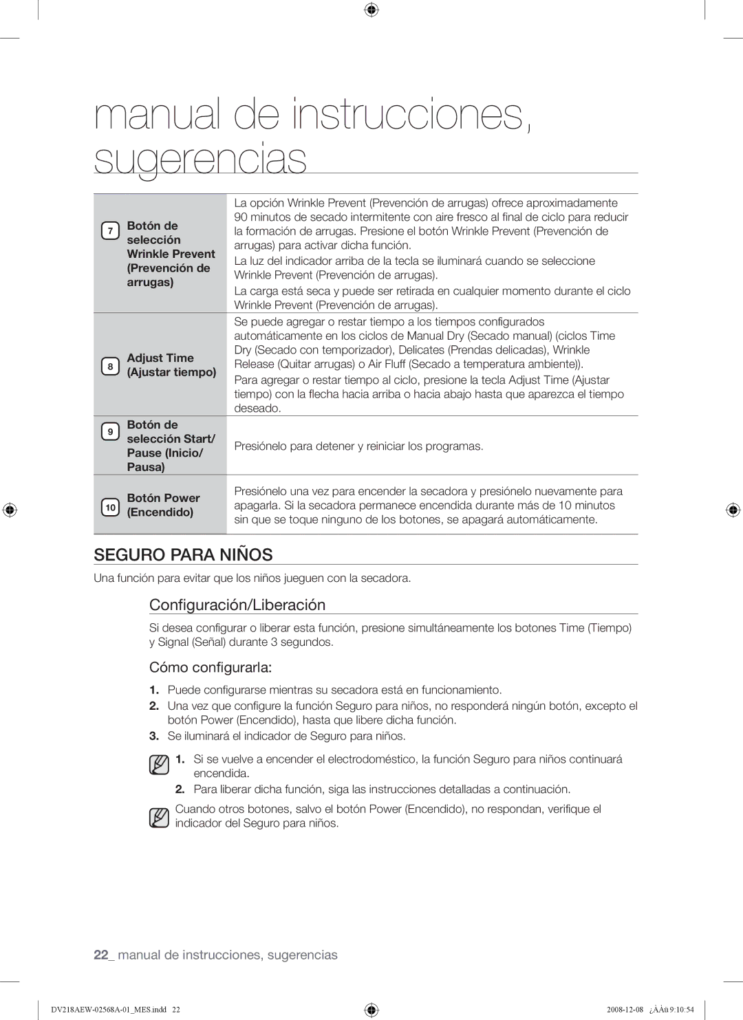 Samsung DV209 user manual Seguro Para Niños, Configuración/Liberación 