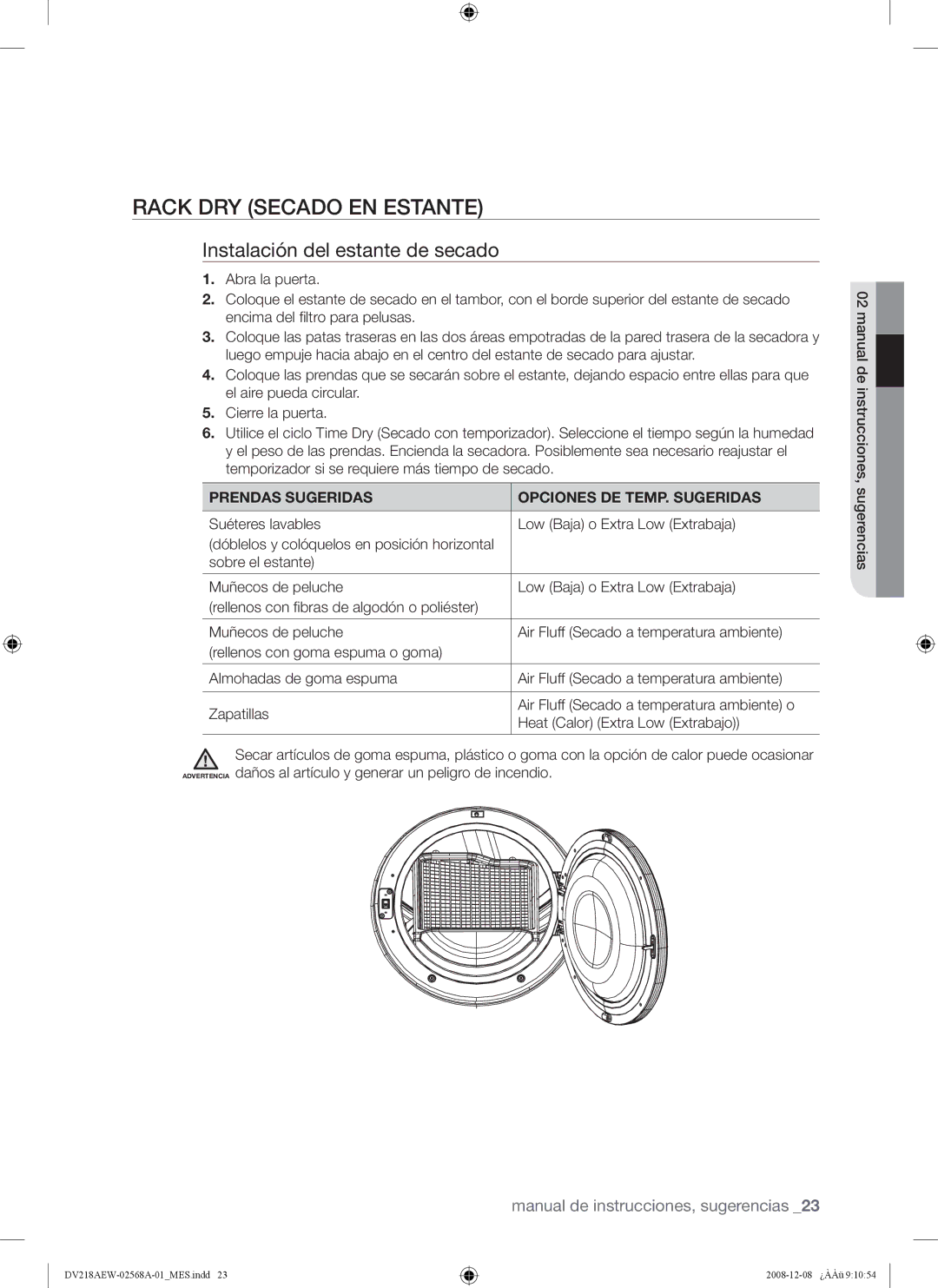 Samsung DV209 Rack DRY Secado EN Estante, Instalación del estante de secado, Prendas Sugeridas Opciones DE TEMP. Sugeridas 