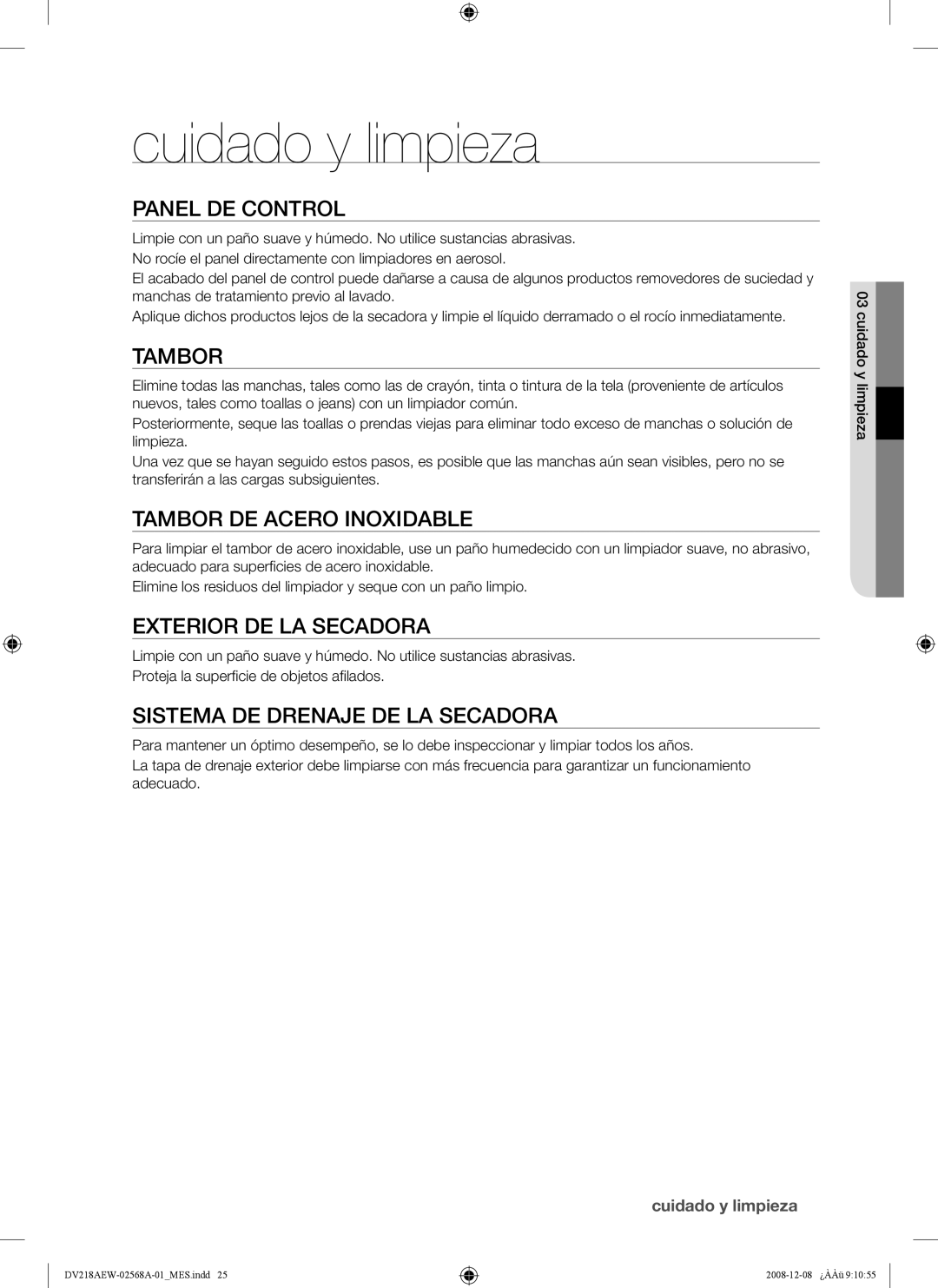 Samsung DV209 user manual Cuidado y limpieza 