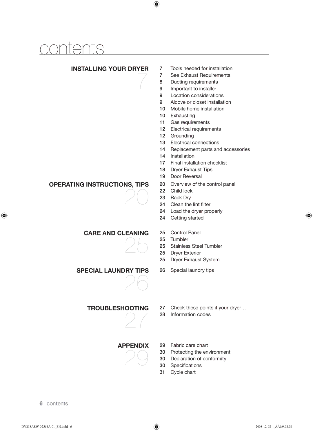 Samsung DV209 user manual Contents 