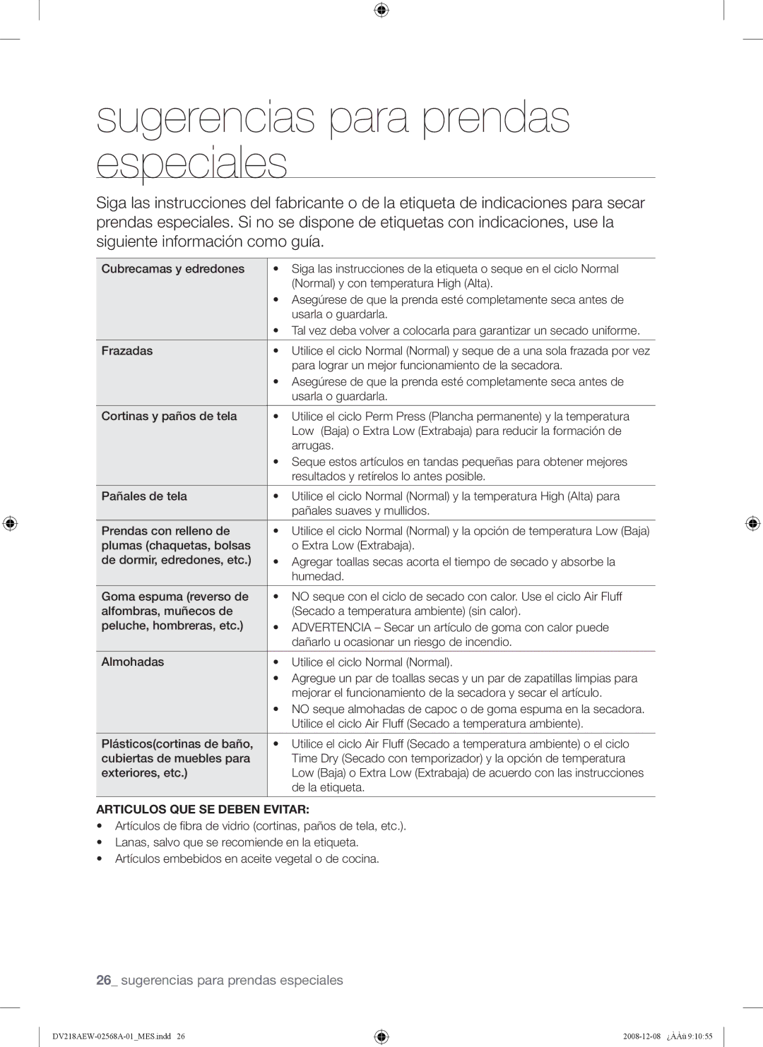 Samsung DV209 user manual Sugerencias para prendas especiales, Articulos QUE SE Deben Evitar 