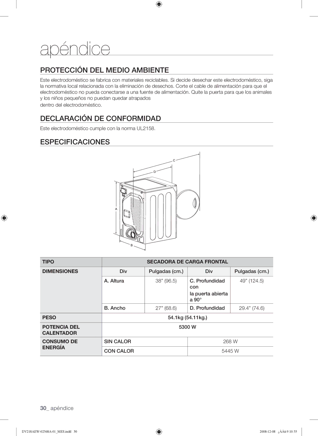 Samsung DV209 user manual Protección DEL Medio Ambiente, Declaración DE Conformidad, Especificaciones 