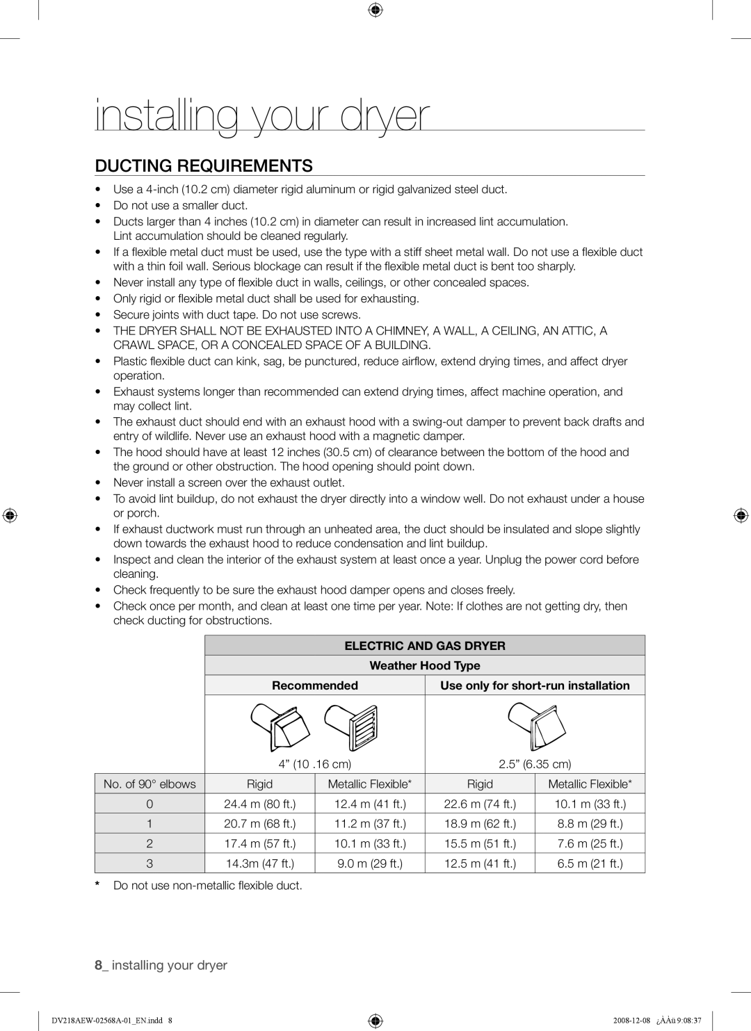 Samsung DV209 user manual Ducting Requirements, Electric and GAS Dryer, Weather Hood Type 