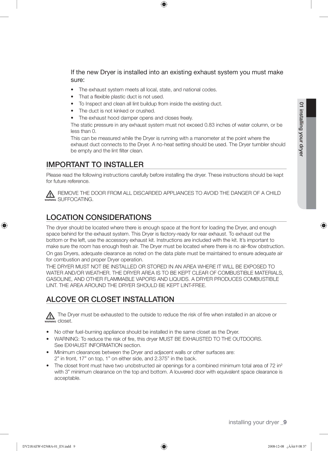 Samsung DV209 user manual Important to Installer, Location Considerations, Alcove or Closet Installation 