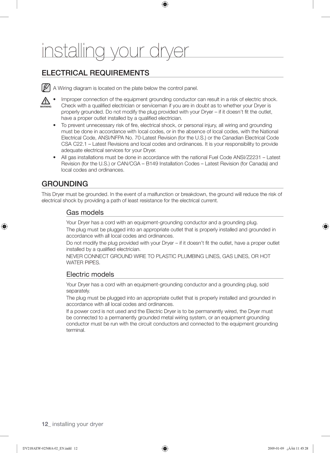 Samsung DV209AE, DV209AG user manual Electrical Requirements, Grounding, Gas models, Electric models 