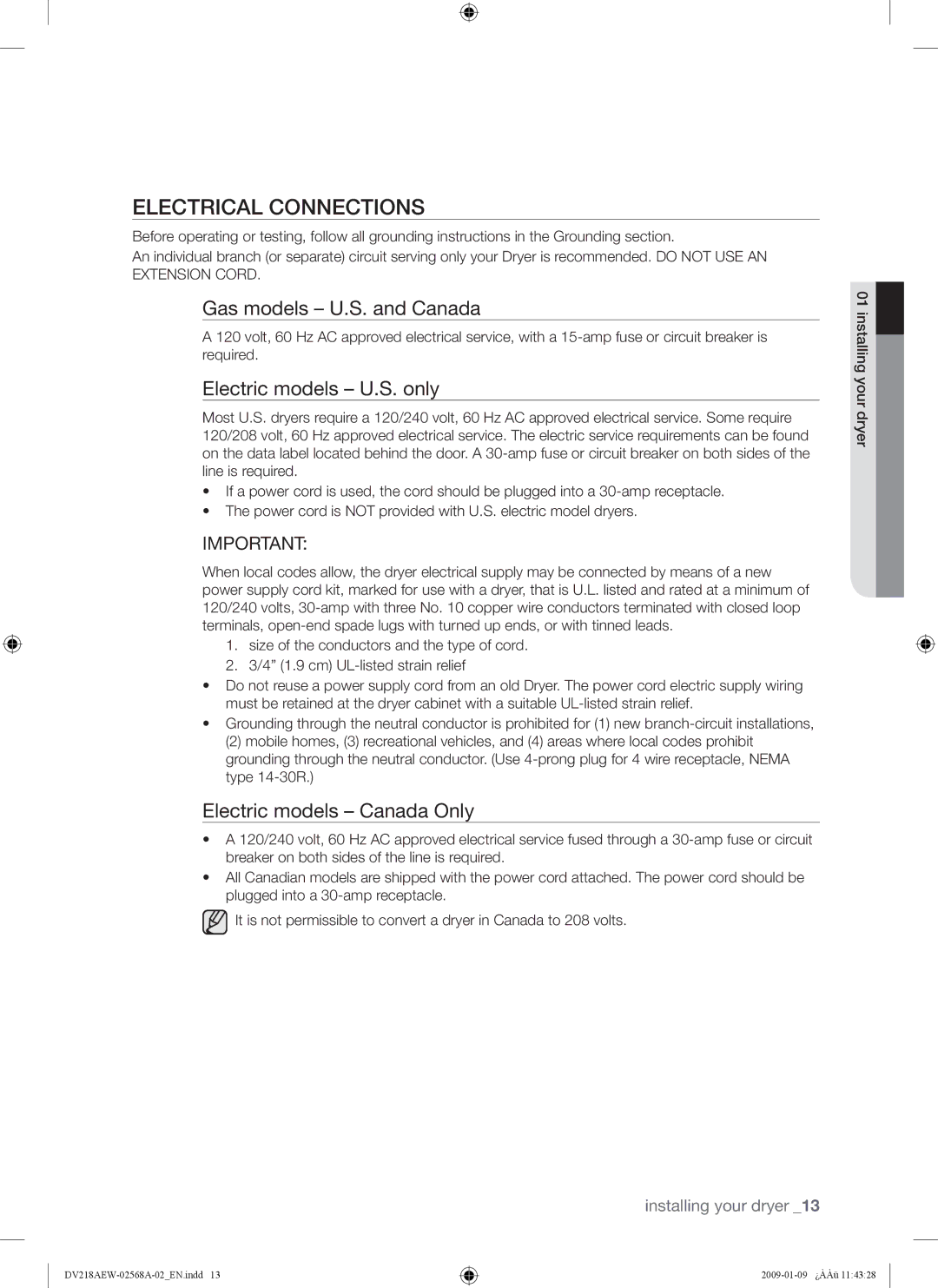 Samsung DV209AG Electrical Connections, Gas models U.S. and Canada, Electric models U.S. only, Electric models Canada Only 