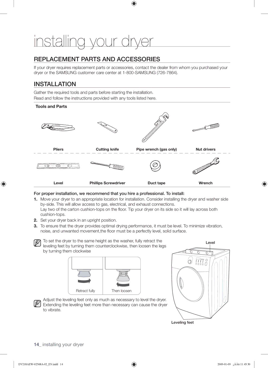 Samsung DV209AE, DV209AG user manual Replacement Parts and Accessories, Installation, Tools and Parts 