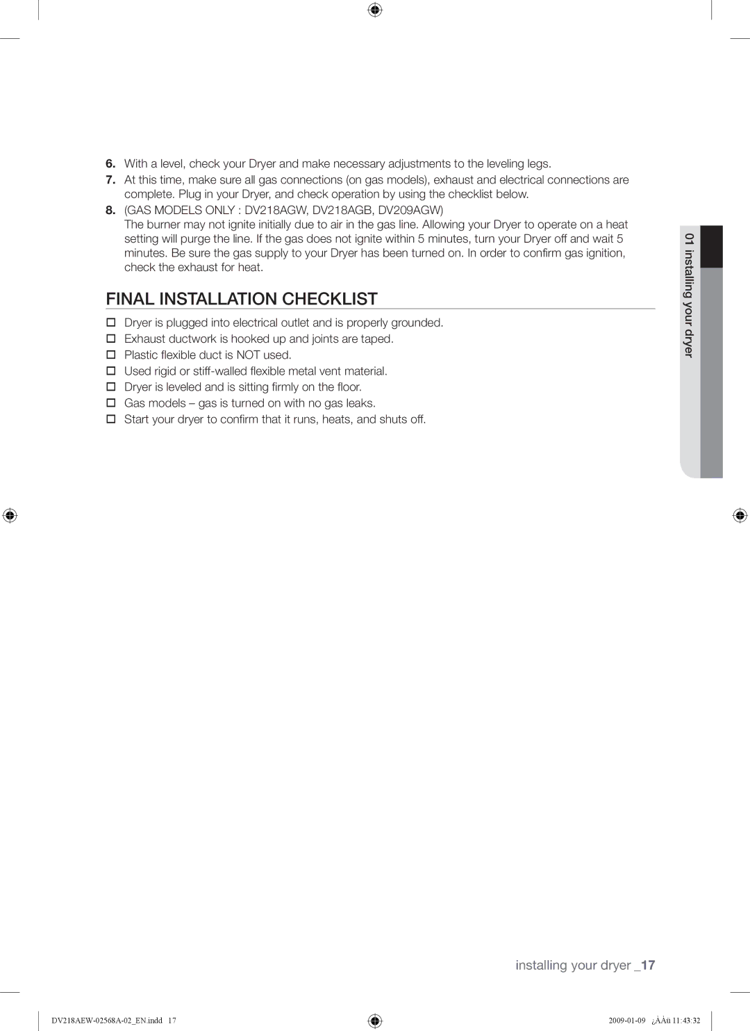 Samsung DV209AE user manual Final Installation Checklist, GAS Models only DV218AGW, DV218AGB, DV209AGW 