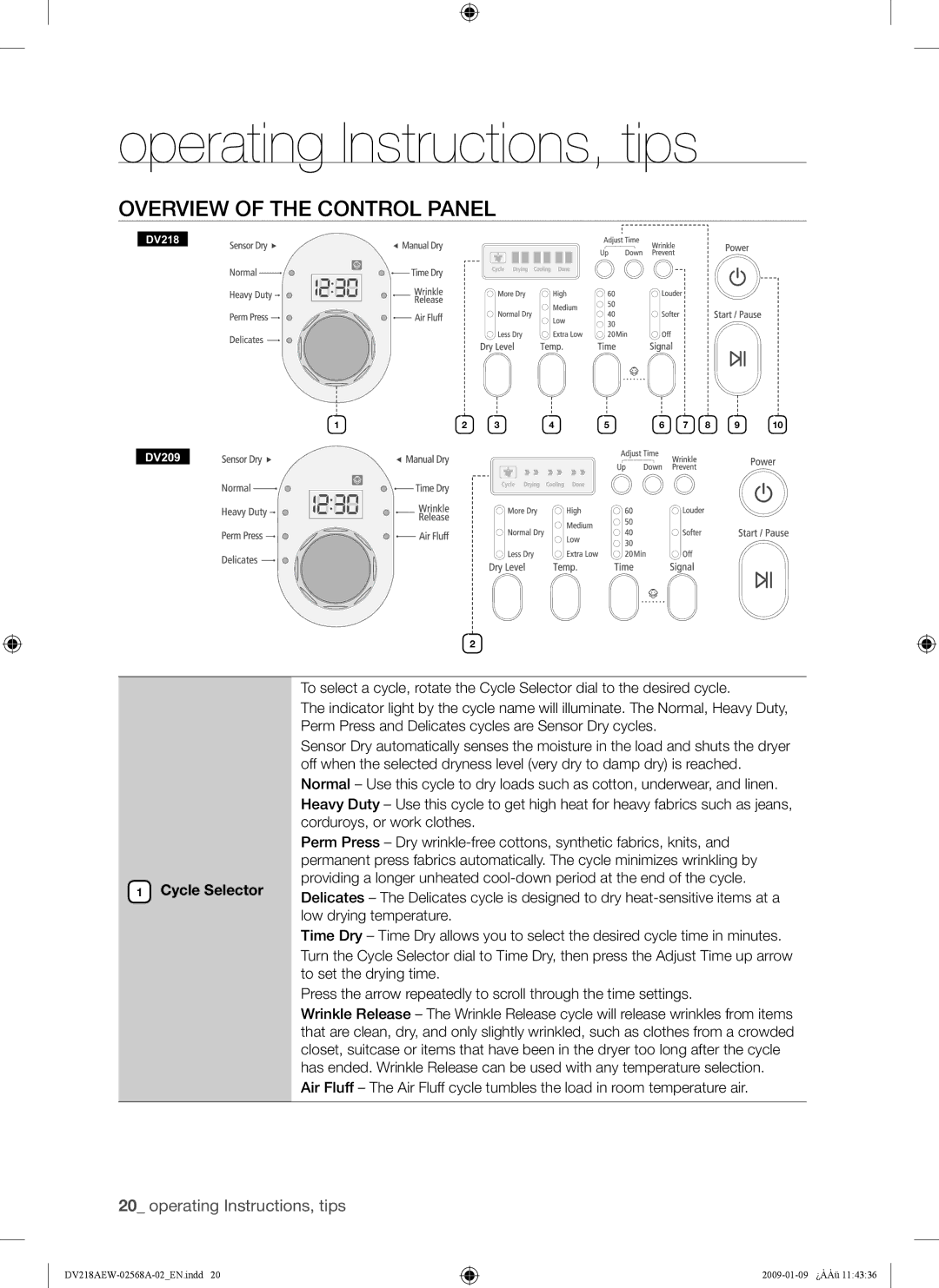 Samsung DV209AE, DV209AG user manual Operating Instructions, tips, Overview of the Control Panel, Cycle Selector 