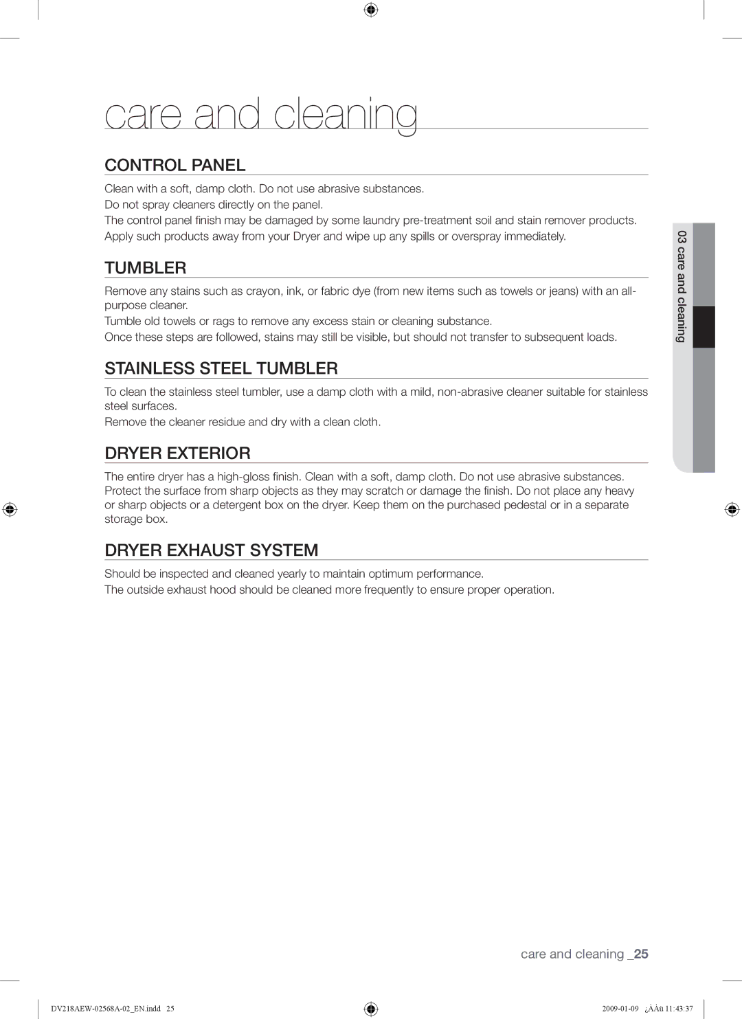 Samsung DV209AG, DV209AE user manual Care and cleaning 