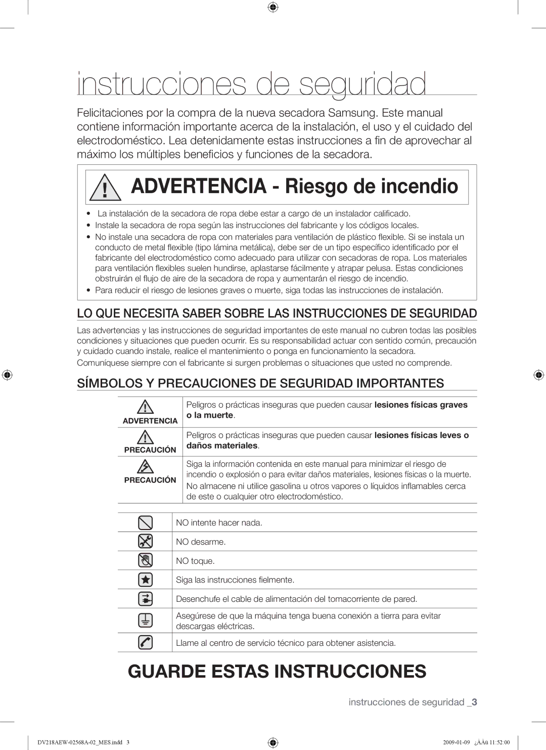 Samsung DV209AG, DV209AE Instrucciones de seguridad, LO QUE Necesita Saber Sobre LAS Instrucciones DE Seguridad, La muerte 