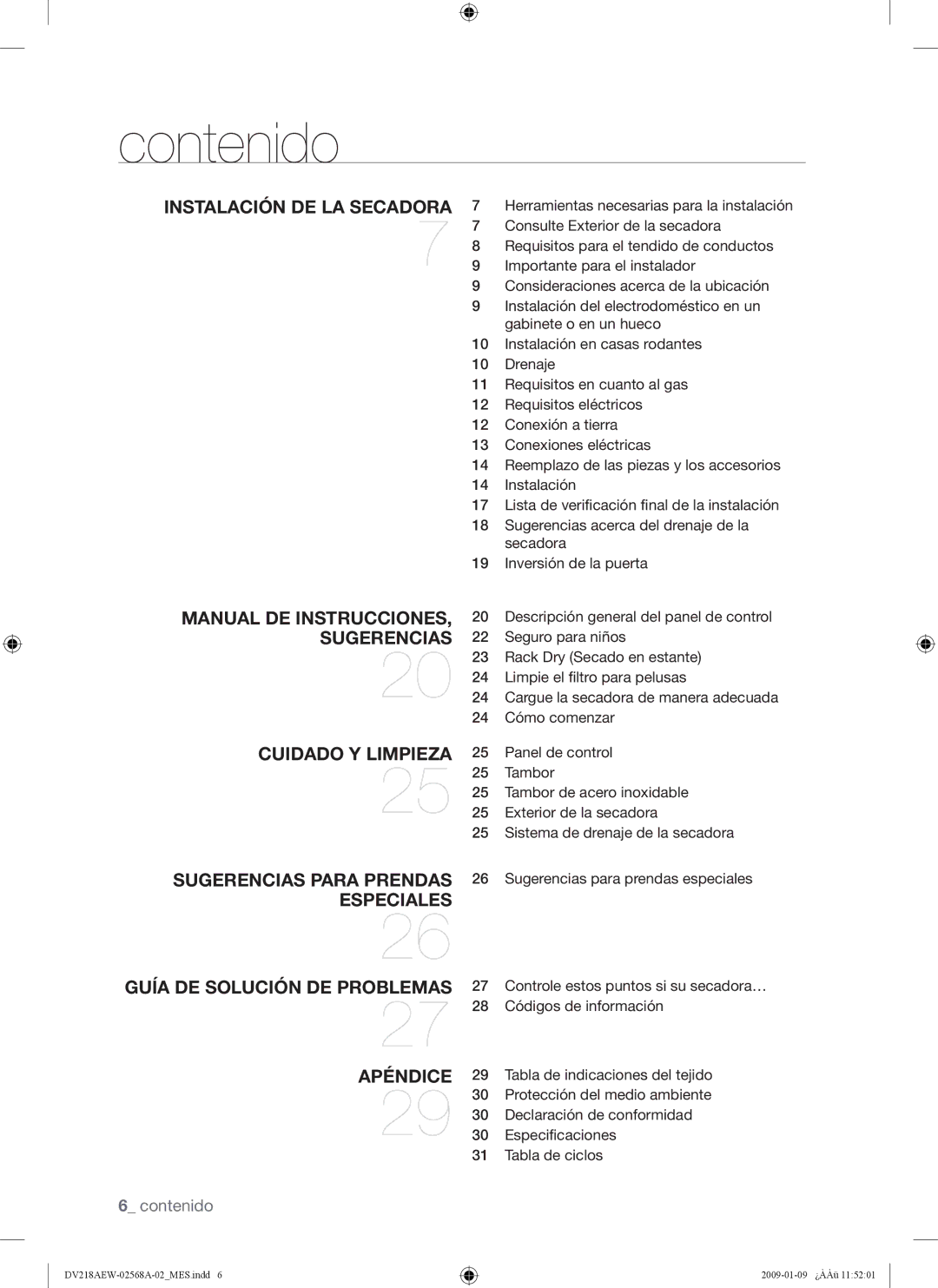 Samsung DV209AE, DV209AG user manual Contenido, Instalación DE LA Secadora 