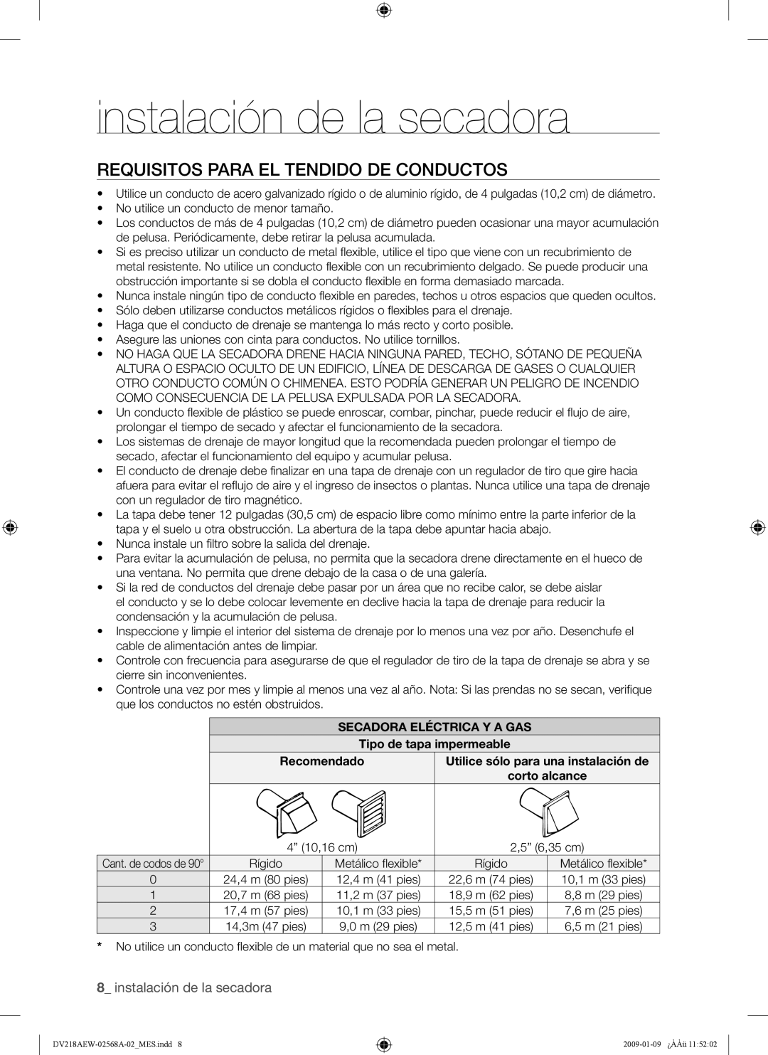 Samsung DV209AE, DV209AG user manual Requisitos Para EL Tendido DE Conductos, Secadora Eléctrica Y a GAS 