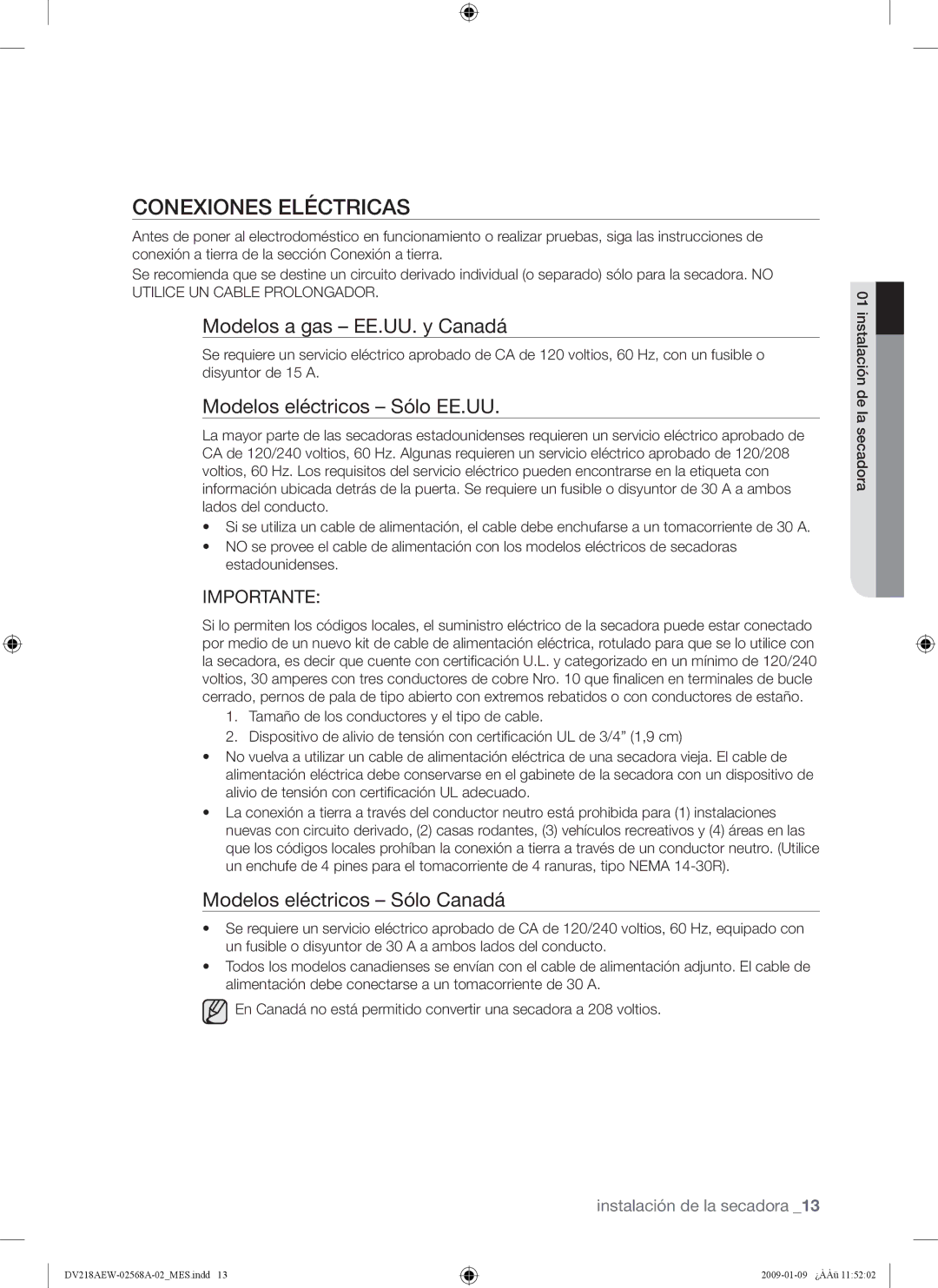 Samsung DV209AG, DV209AE user manual Conexiones Eléctricas, Modelos a gas EE.UU. y Canadá, Modelos eléctricos Sólo EE.UU 